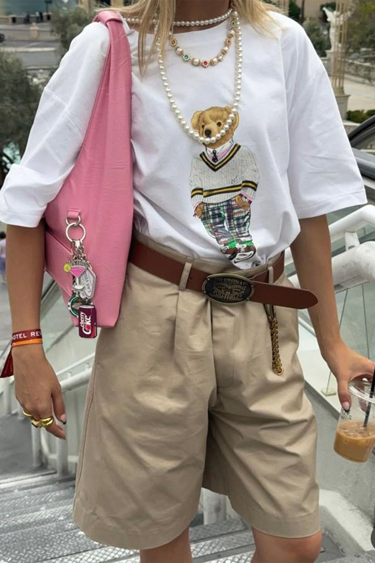 The Champ Clothing Kadın Preppy Ayıcık Baskılı Beyaz Oversize Kolej Stili Tişört
