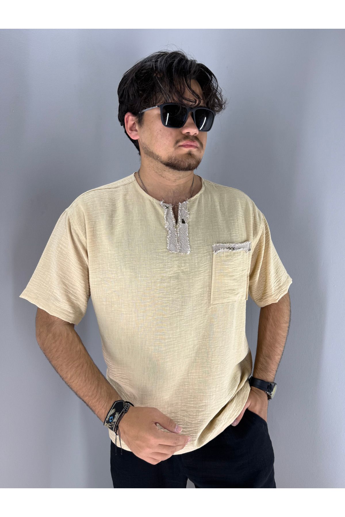 MARESHAL El İşi Yaka ve Cep Pis Dikiş Oversize T-Shirt (Bej)