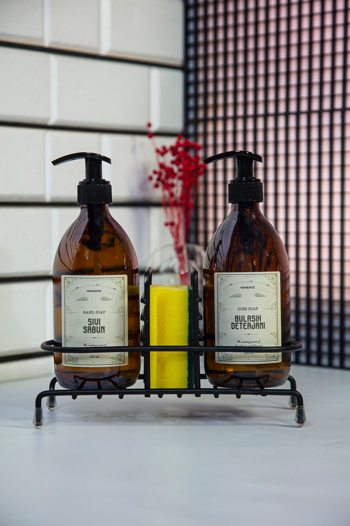 homence Tel Standlı Sıvı Sabun Bulaşık Deterjanı Vintage Etiketli Amber Cam Sabunluk - 500 ml