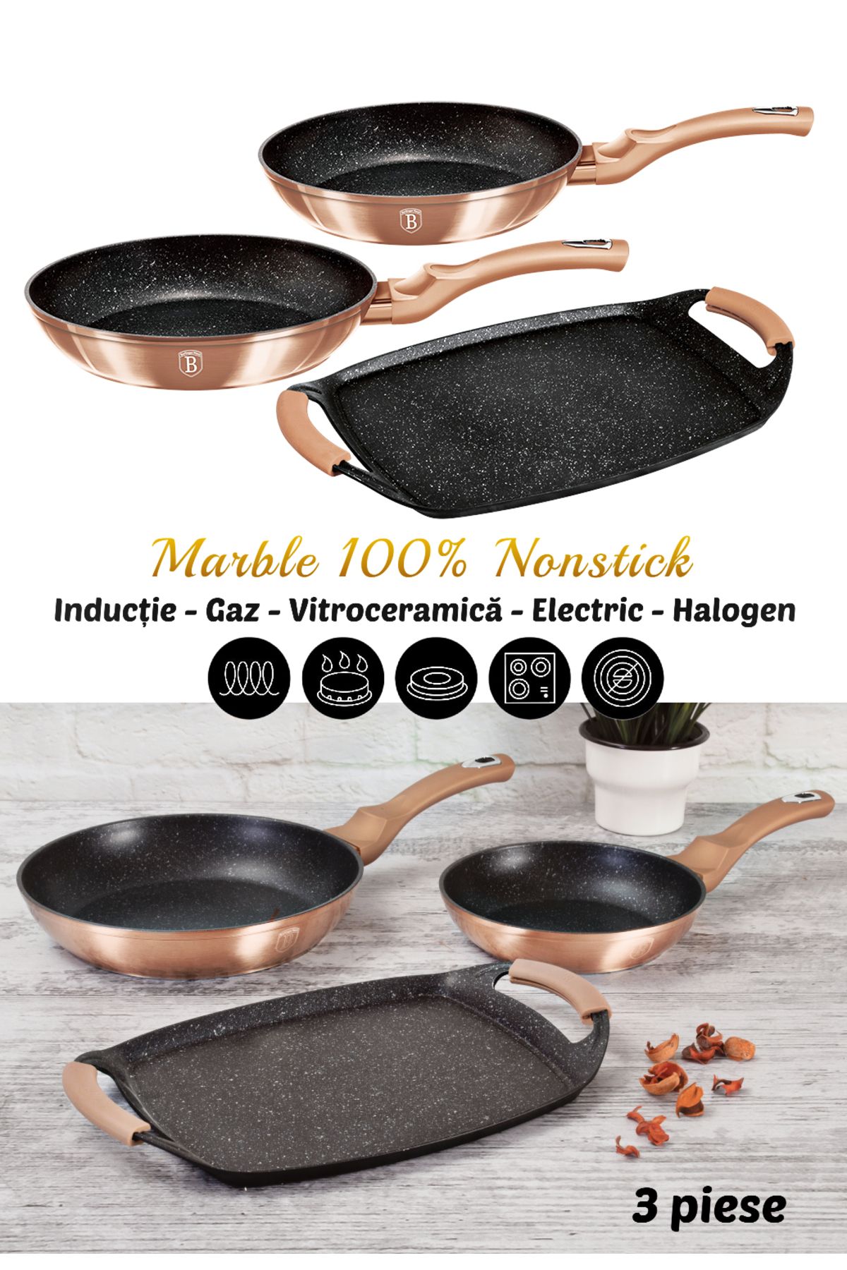Berlinger Set De Tigăi Din Marmură, 3 Bucăți, Antiaderente, Auriu-roșu, Linie Metalică, Inducție, Pentru Toate Aragazurile - One Size
