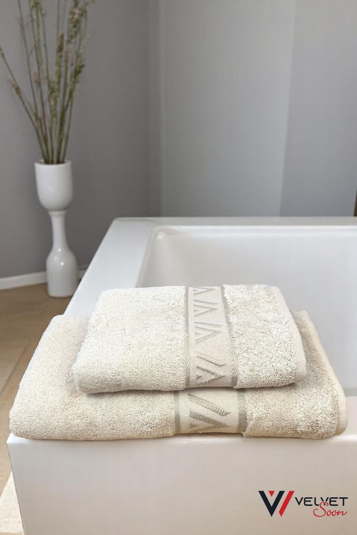 Velvet Soon Bambu Bej 2'li Takım V Desen Banyo Havlusu & El Ve Yüz Havlusu