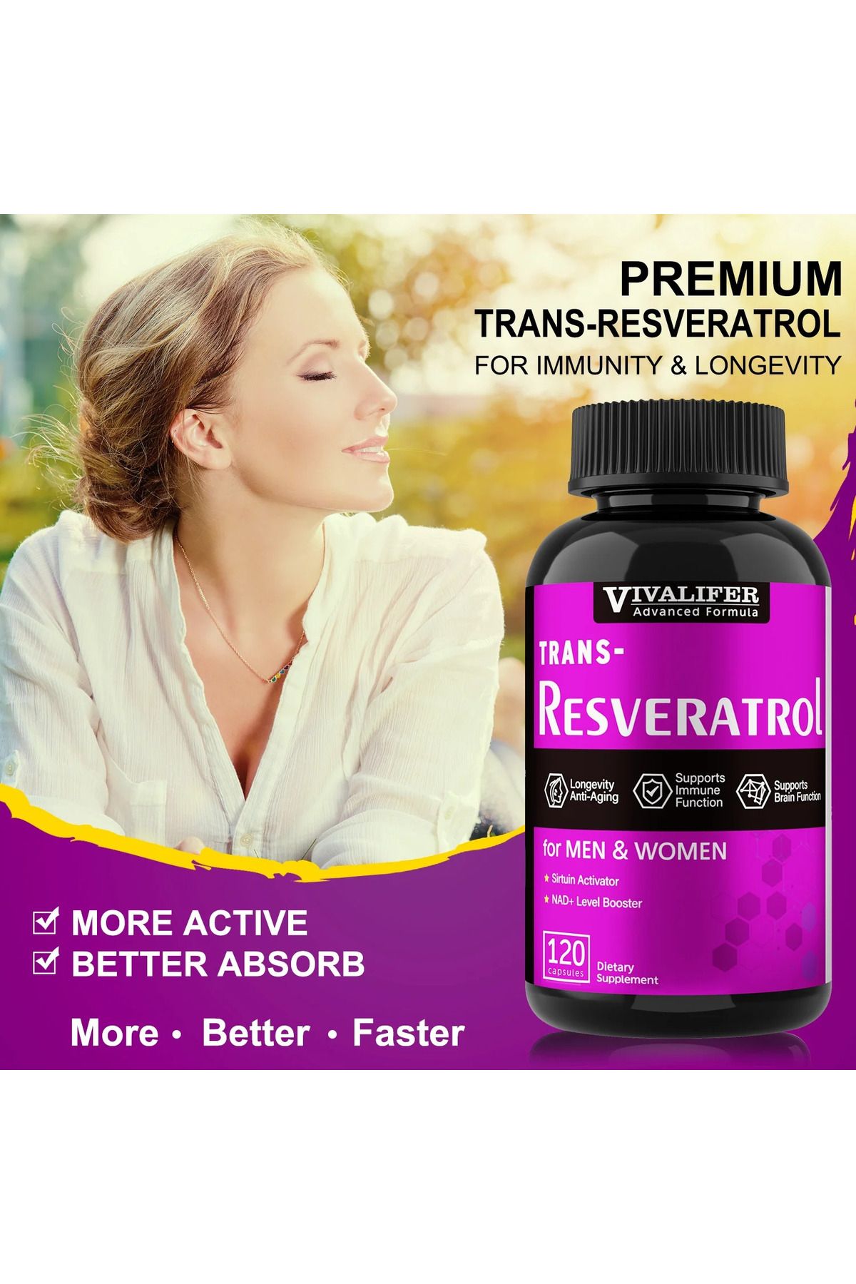 Vivalifer Resveratrol+Vitamin C Anti-Aging Immune, Cardiovascular Joint 500mg+120mg 120 Caps