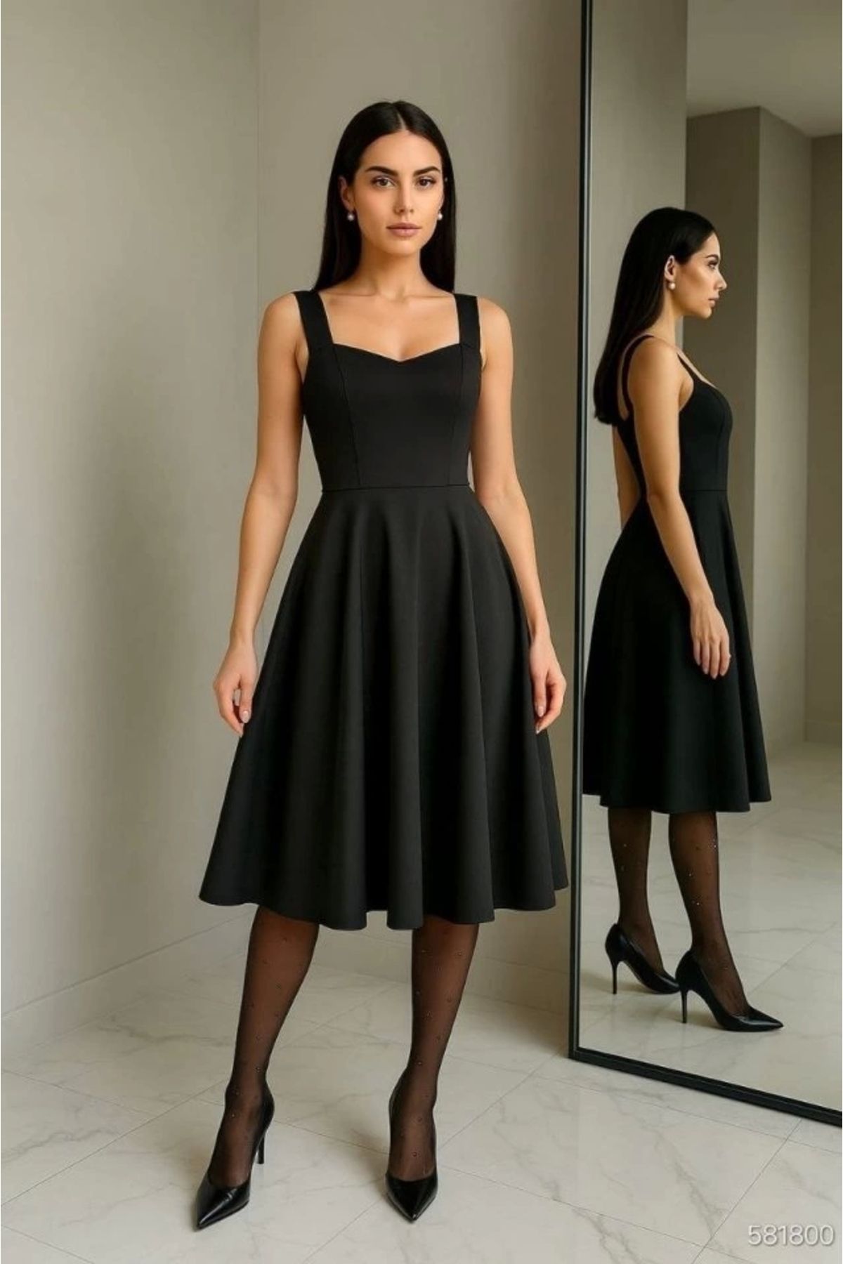 Butik Kadın Dalgıç Kumaş Kalp Yaka Kalın Askılı Midi Boy Elbise