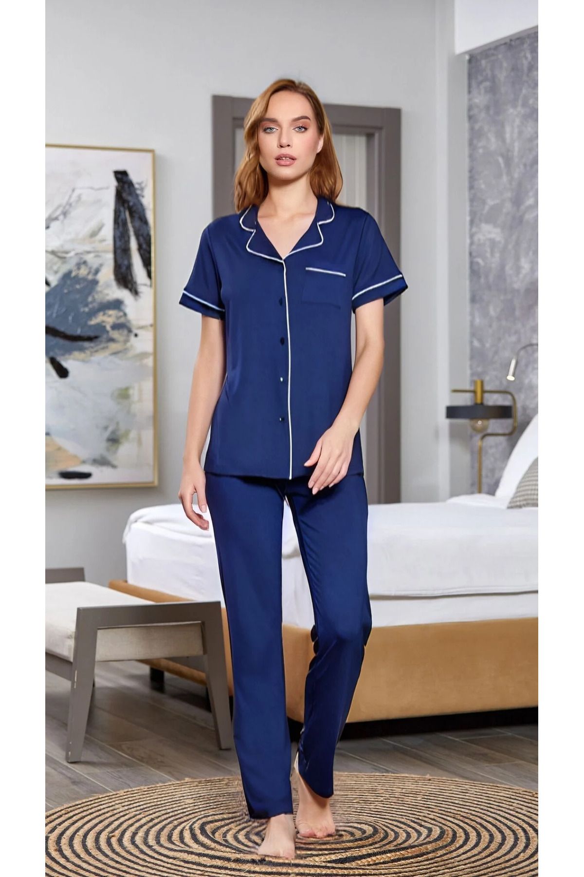 Mavelle Kadın Kısa Kollu Önden Düğmeli Gömlek Pijama Lacivert 25526