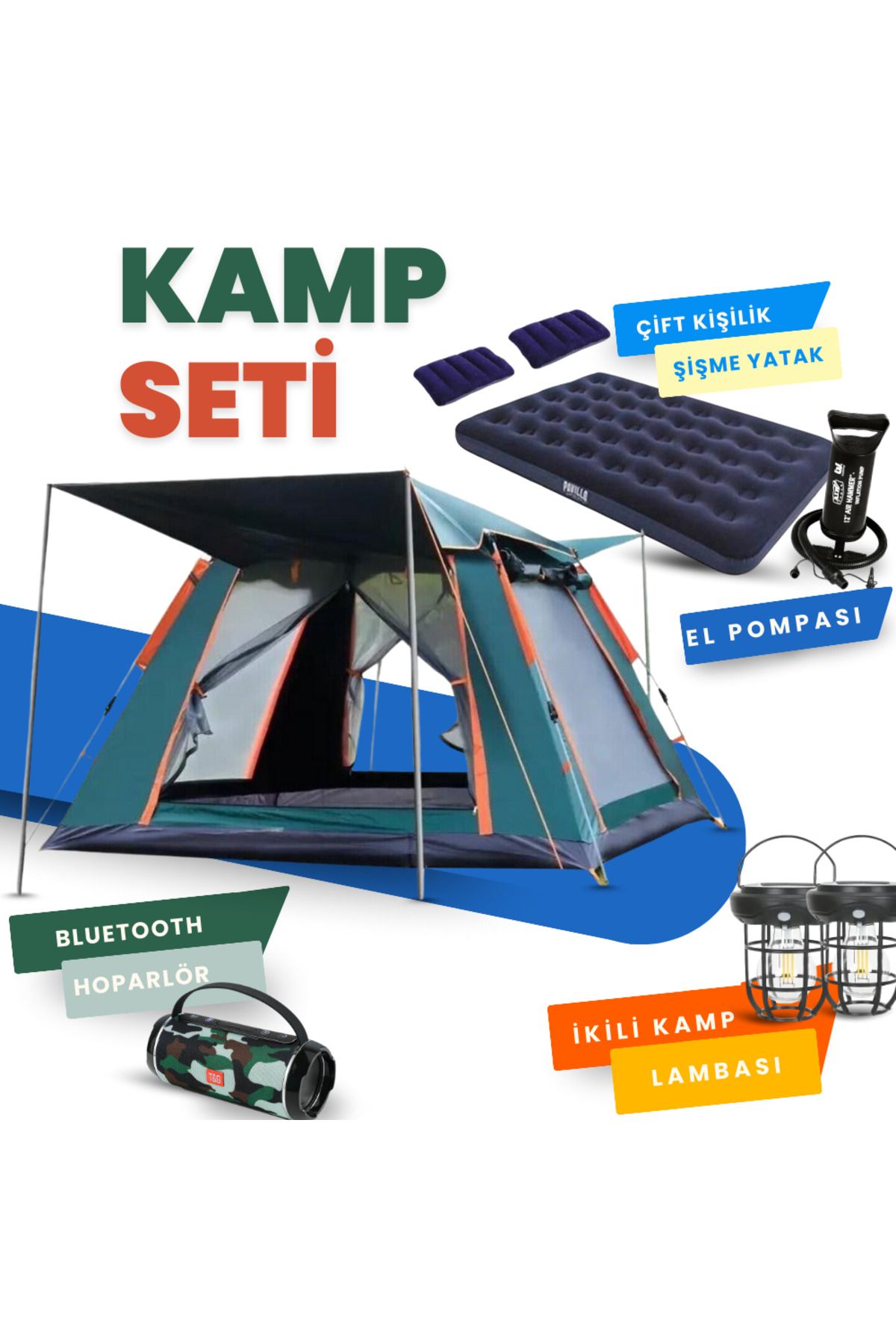 Yussraw 2-4 kişi kamp çadırı seti taşınabilir otomatik 200*200*145 +lamba+yatak+yastık+pompa+hoparlör
