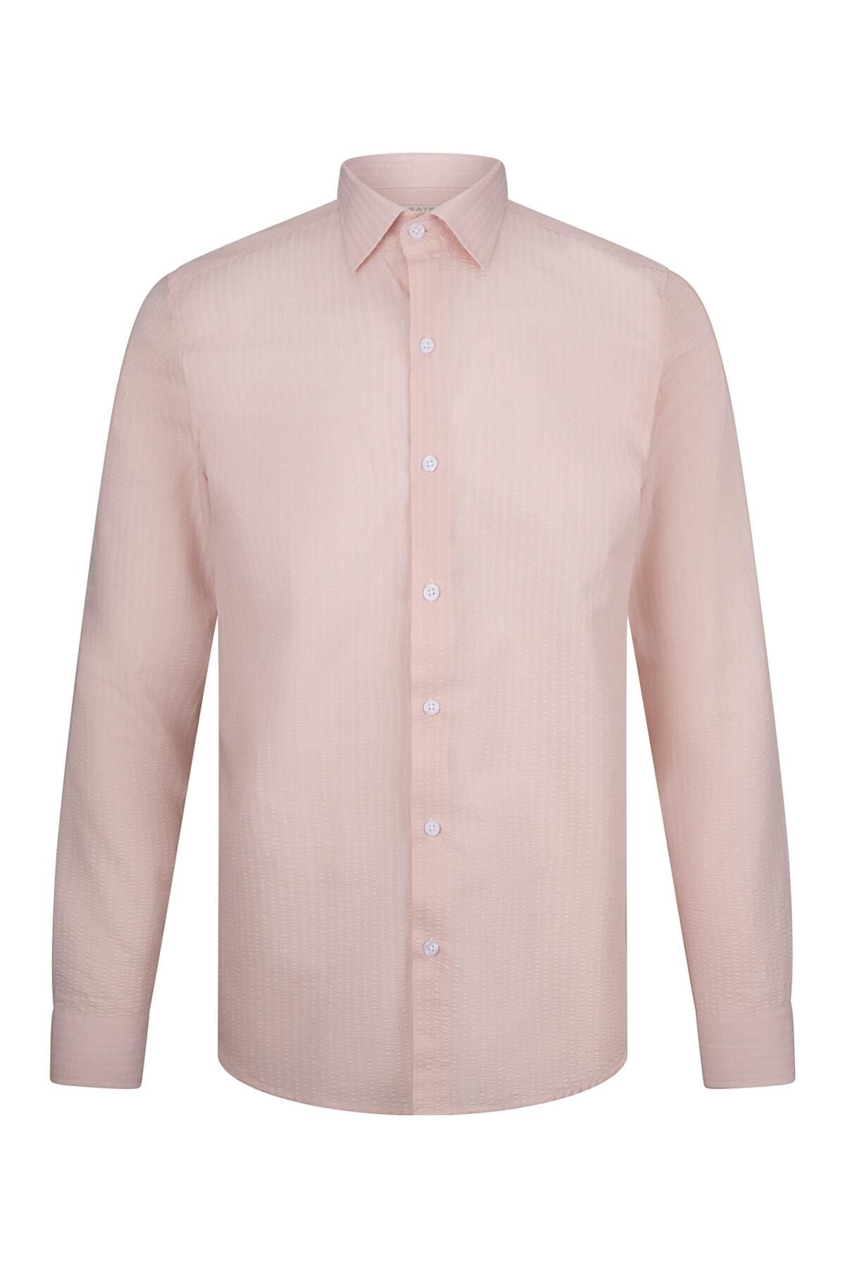 Hatemoğlu Pembe Comfort Fit 100% Pamuk Slim Yaka Uzun Kollu Spor Gömlek