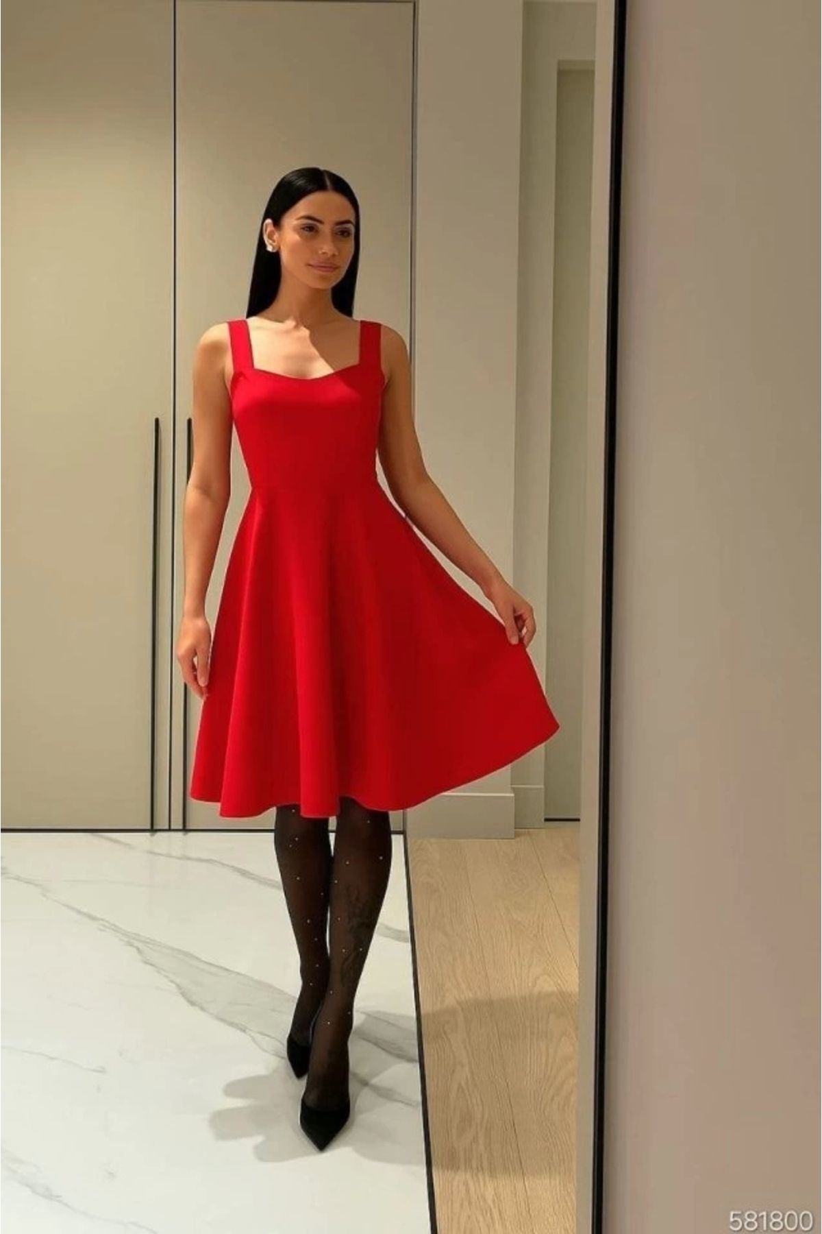 Butik Kadın Dalgıç Kumaş Kalp Yaka Kalın Askılı Midi Boy Elbise