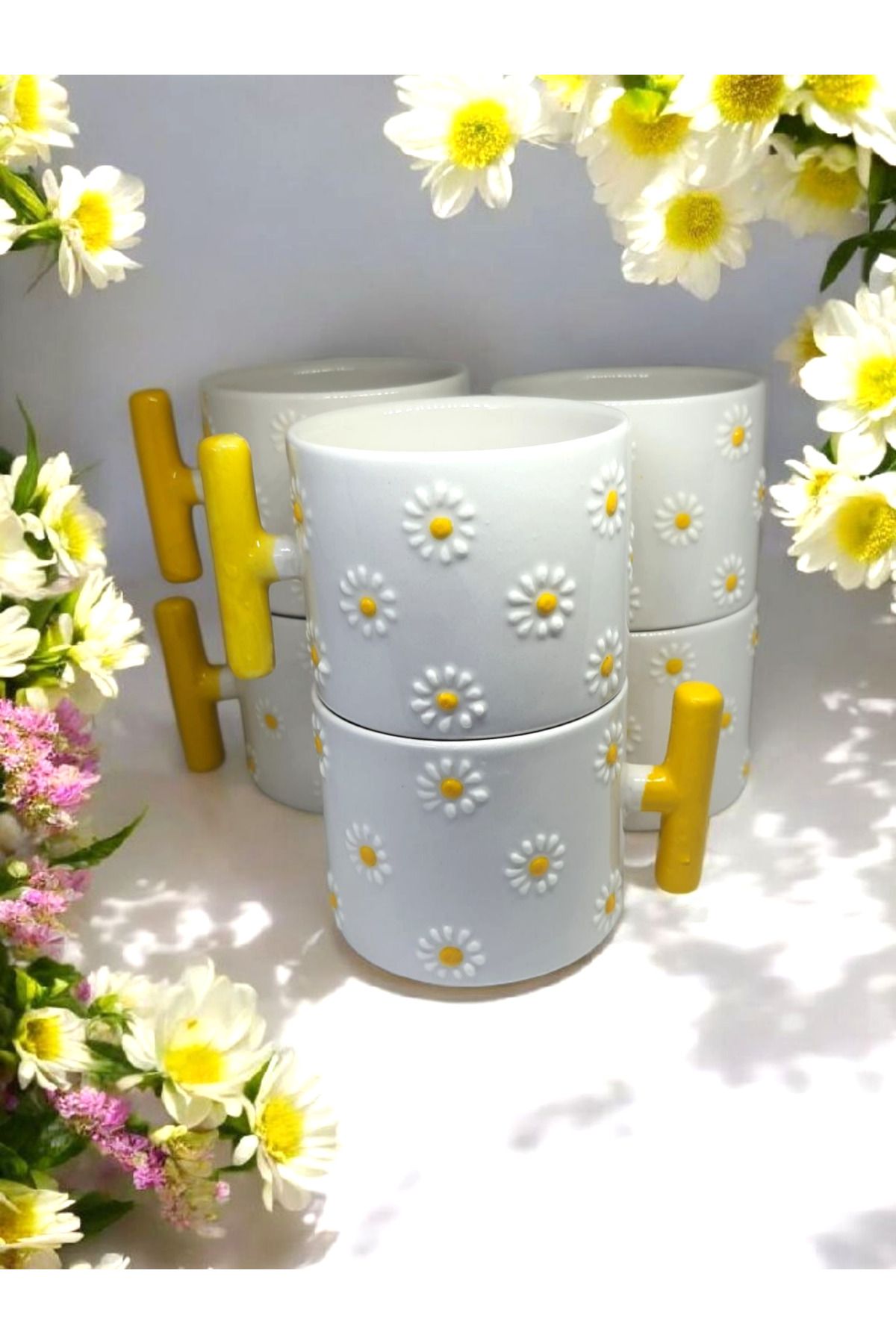 Simge Seramik 6'lı Papatya Kabartma Desenli Sarı T Kulp El İşi Doğal Seramik Mug Kupa Çay / Cappuccino Fincanı
