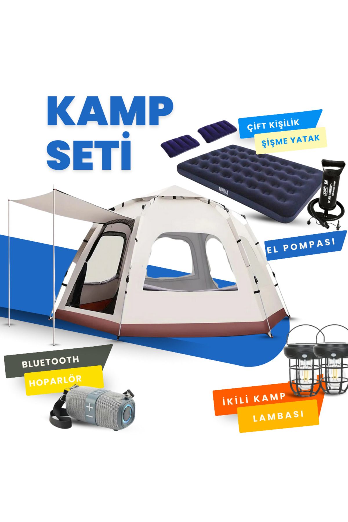 Yussraw 4-8 kişi 6 gen kamp çadırı seti taşınabilir otomatik 280*280*158 +lamba+yatak+yastık+pompa+hoparlör
