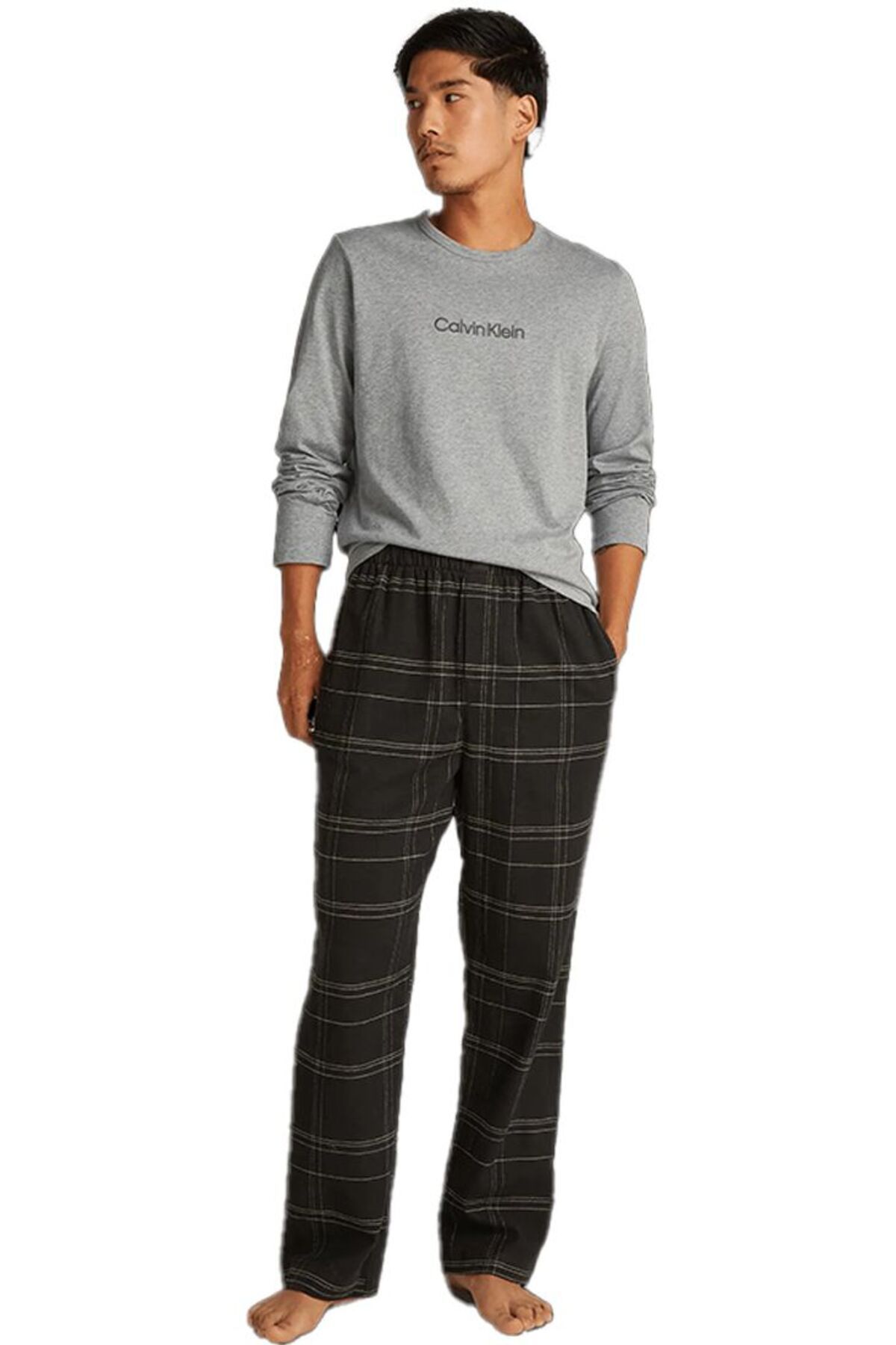 Calvin Klein Erkek Beli Lastikli Uzun Boy Uzun Kol Ekose Desenli Bisiklet Yaka Gri Pijama Takımı 000NM2765E-SX7