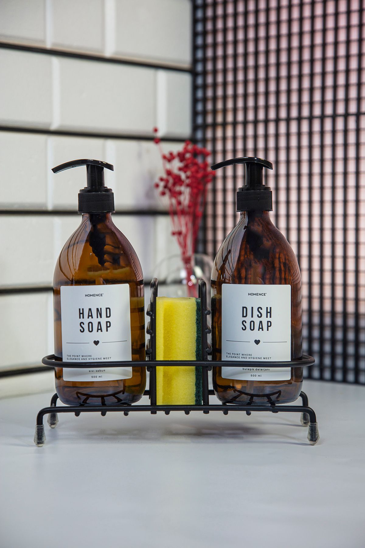 homence Tel Standlı Sıvı Sabun Bulaşık Sabunu Deterjanı Etiketli Amber Cam Sabunluk - 500 ml