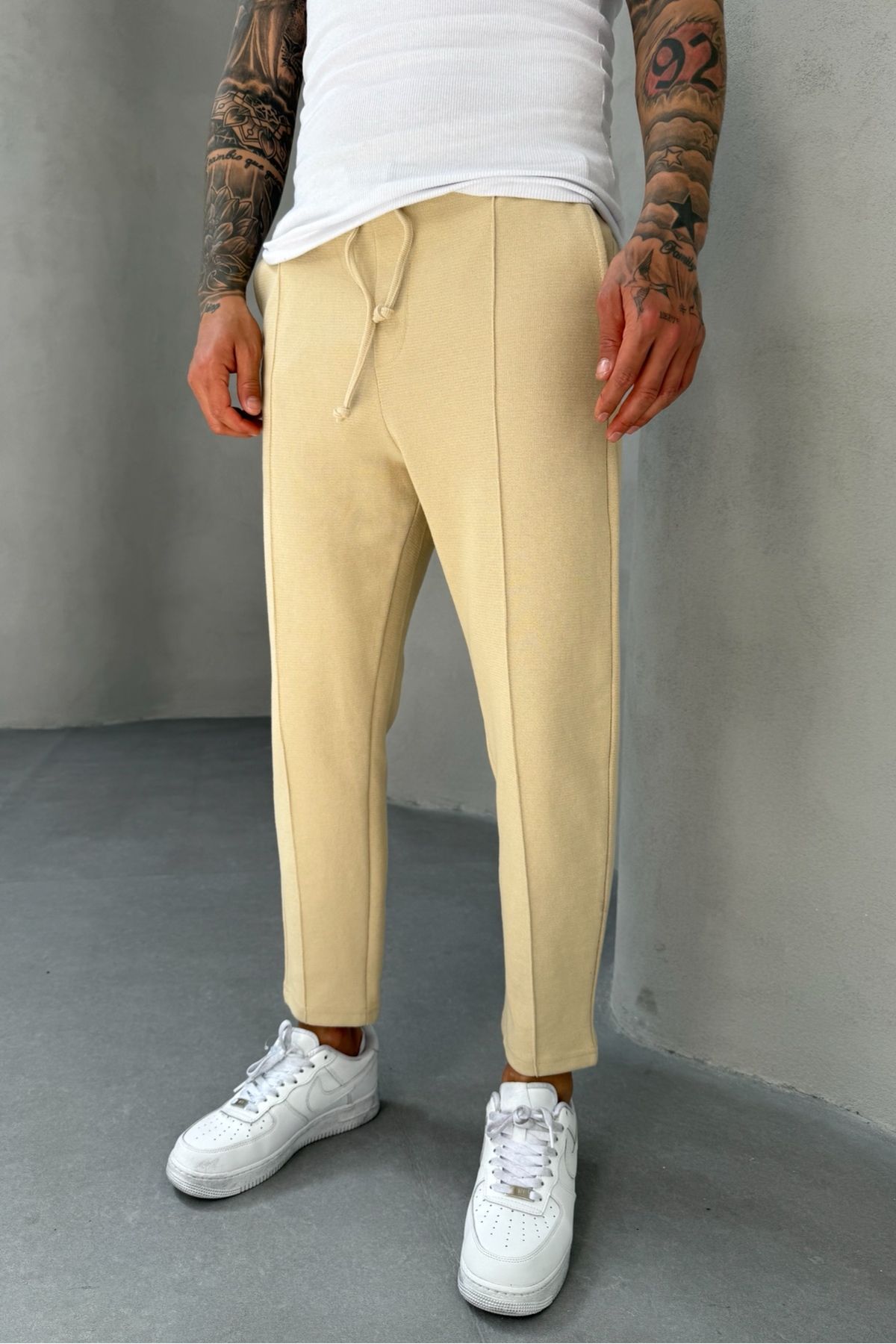 MADZEYMODA Waffle Kumaş Çima Detaylı Boyfriend Erkek Bej Jogger Pantolon Mz5036
