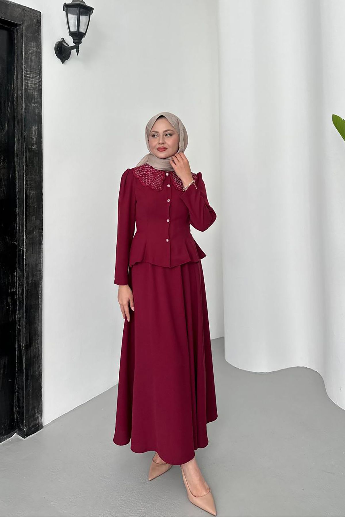 XXL BUTİK Kadın bordo alt üst tesettür takım X-NMS060