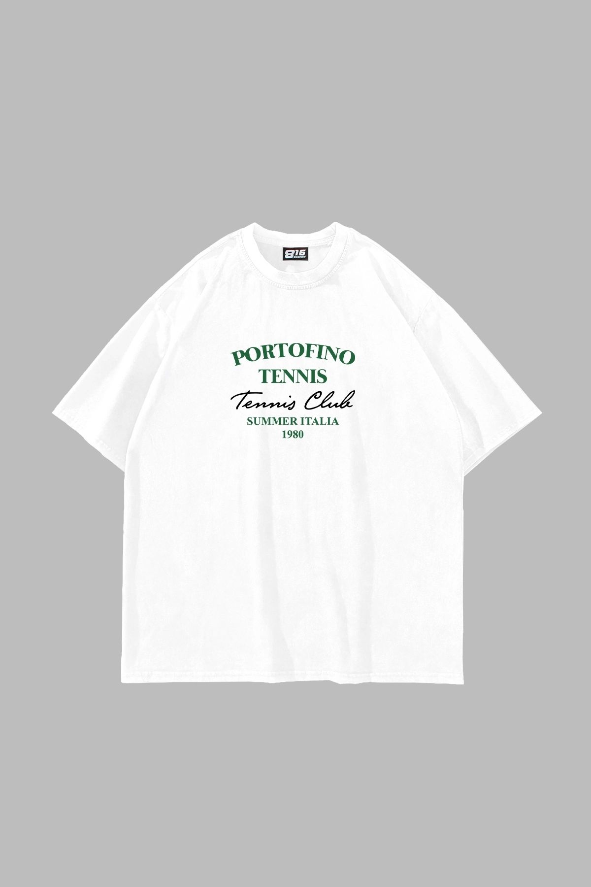 Bak Moda Portofino Tennis Club Baskılı Oversize Unisex Beyaz Tshirt