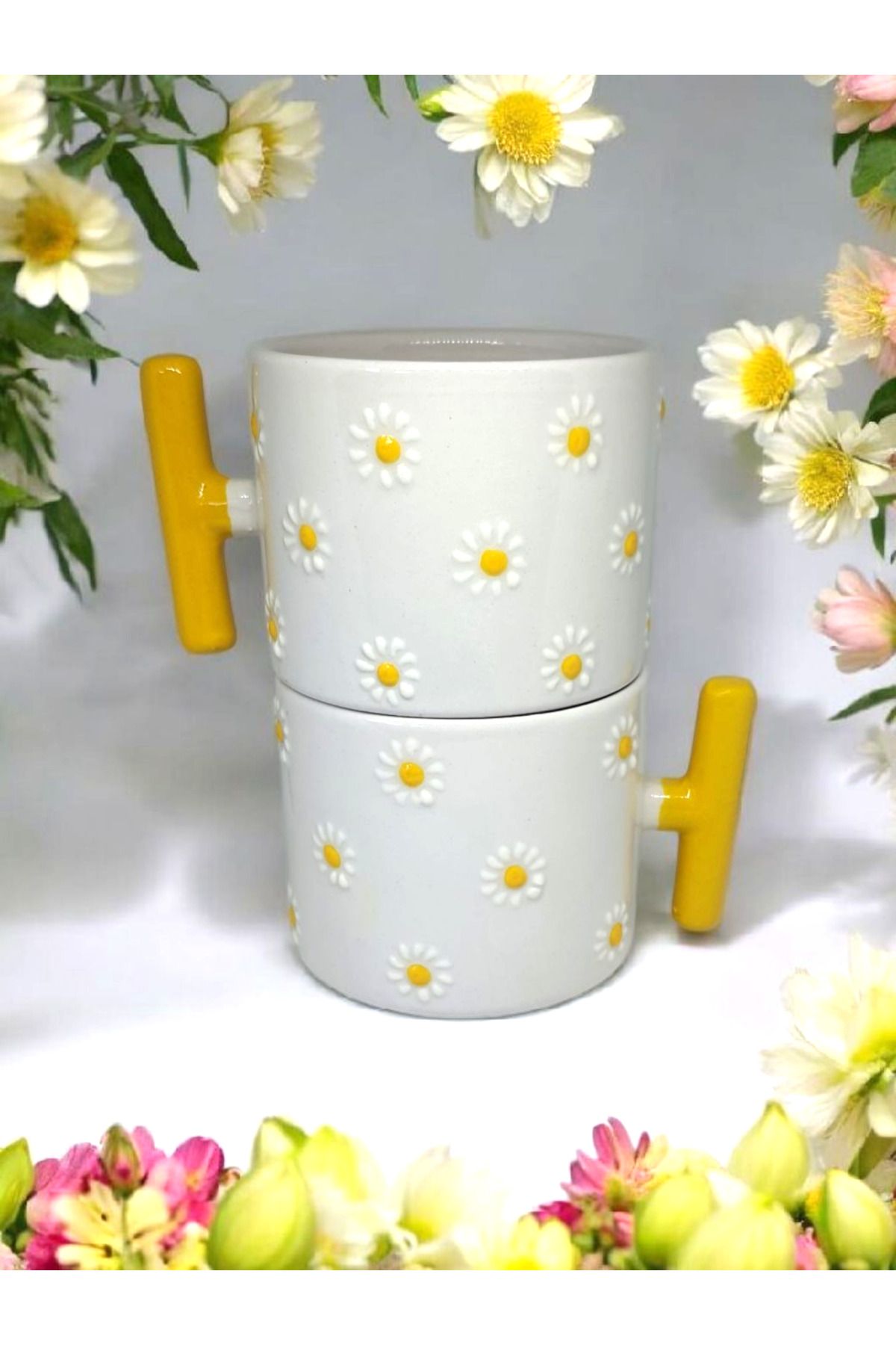 Simge Seramik 2'li Papatya Kabartma Desenli Sarı T Kulp El İşi Doğal Seramik Mug Kupa Çay / Cappuccino Fincanı