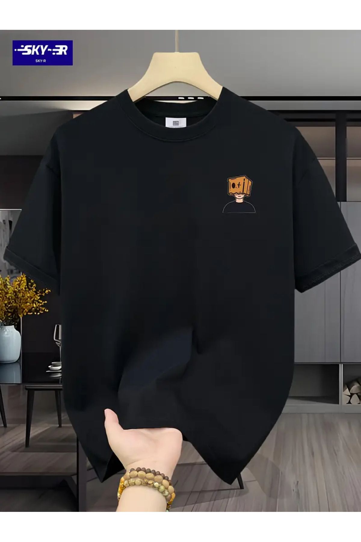İnazuma Outdoors Unisex Oversize Baskılı Pamuklu Bisiklet Yaka Kısa Kollu SİYAH T-shirt Kare Kutu Kafa