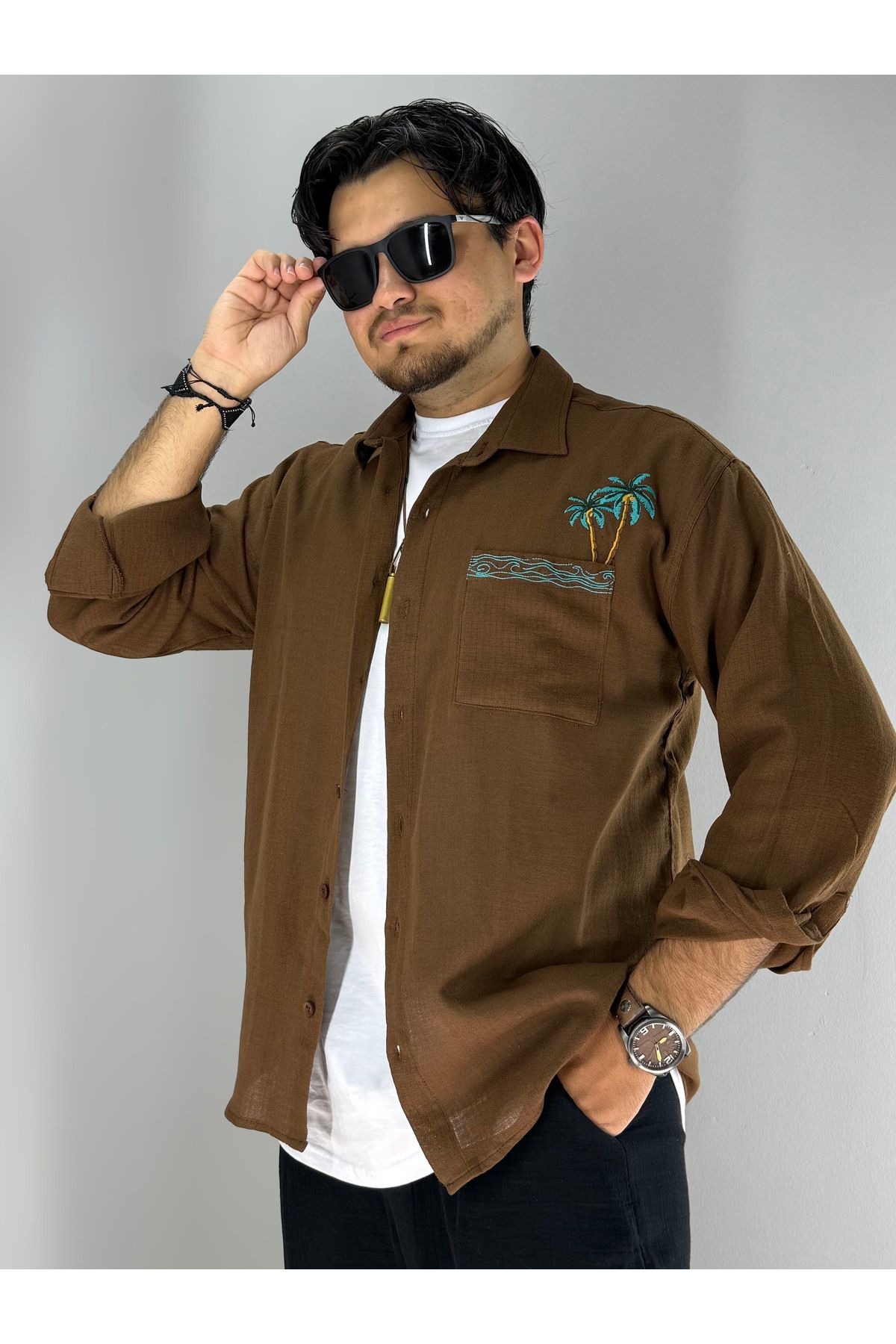 MARESHAL Cep Nakışlı Pamuk Keten Oversize Gömlek(Kahve)
