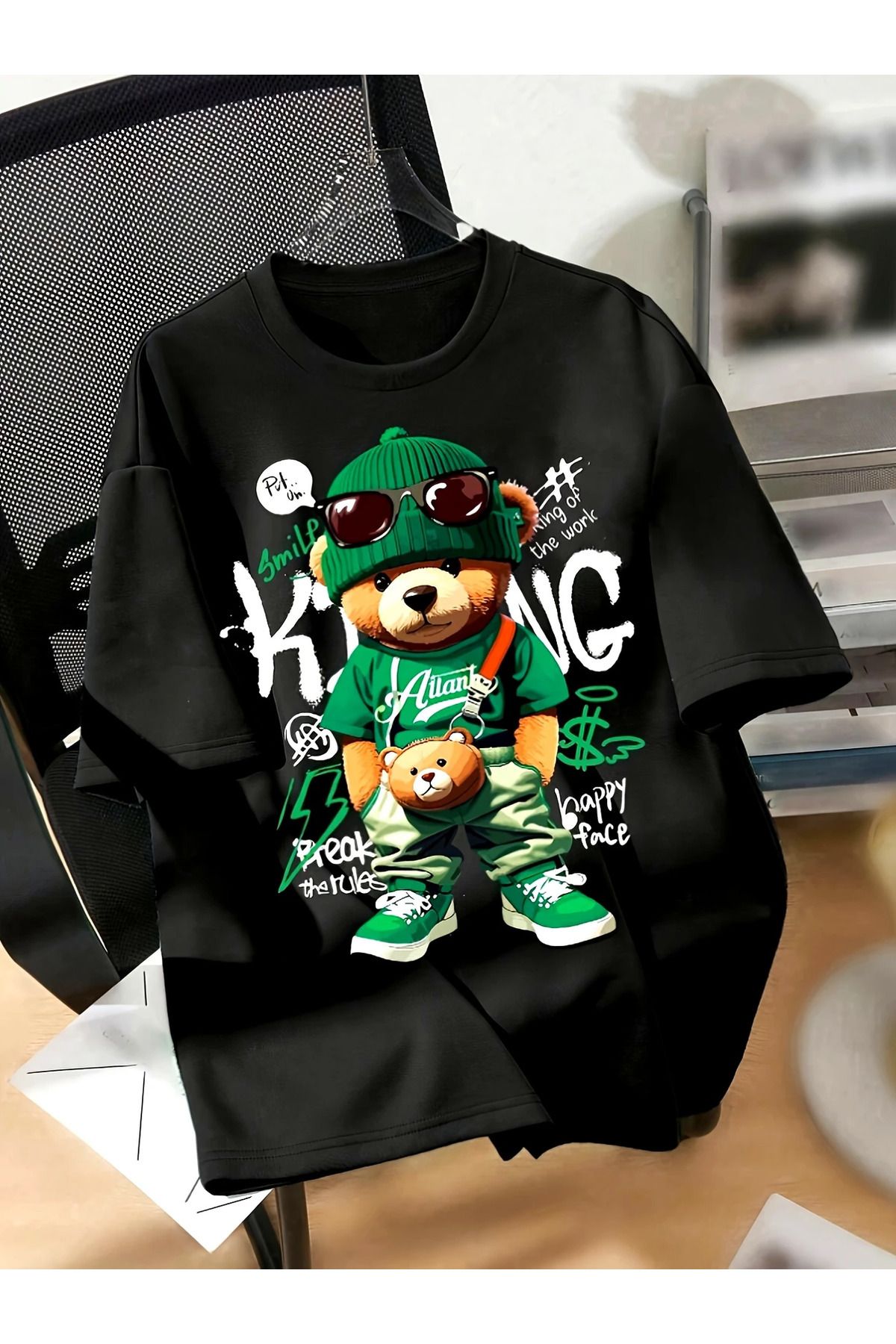 İnazuma Outdoors Unisex Oversize Baskılı Pamuklu Bisiklet Yaka Kısa Kollu SİYAH T-shirt King Ayıcık Yeşil