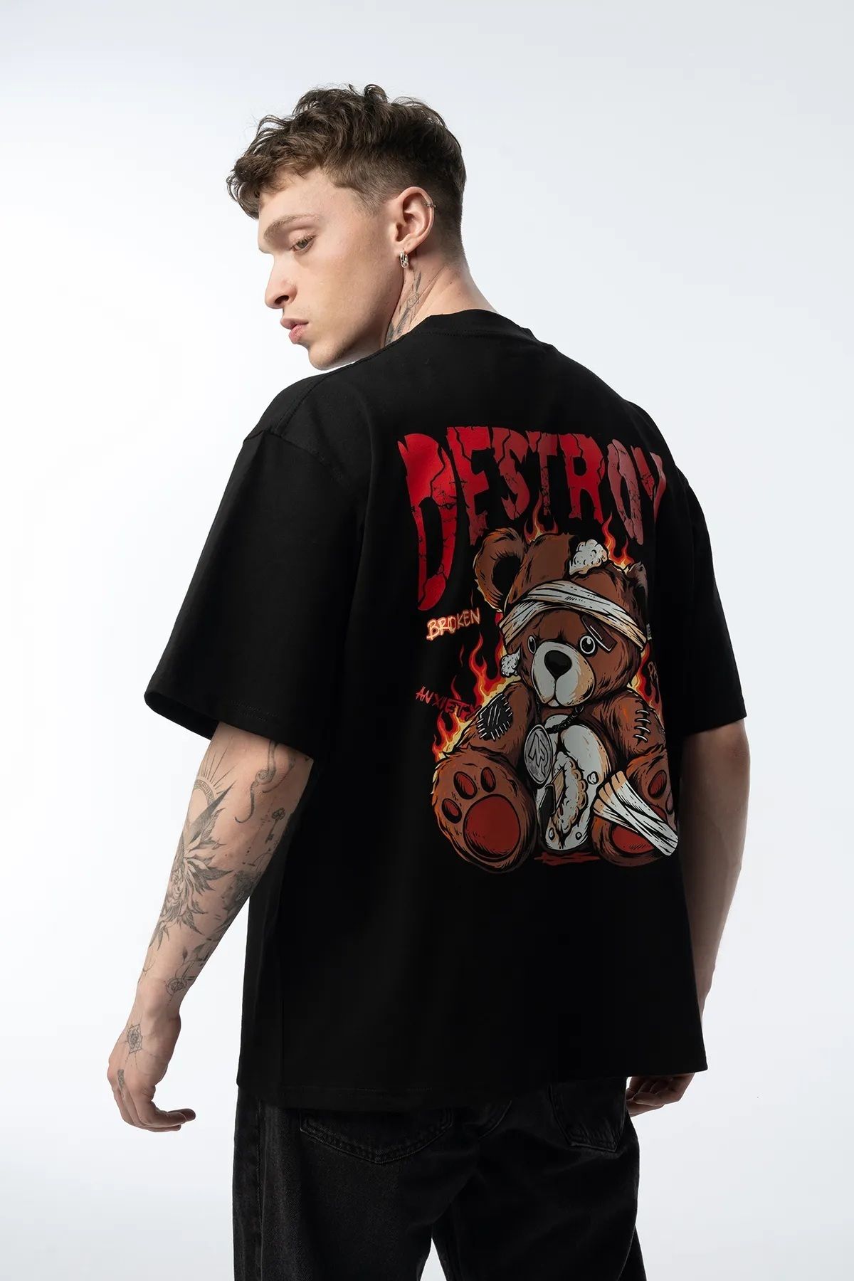 İnazuma Outdoors Unisex Oversize Baskılı Pamuklu Bisiklet Yaka Kısa Kollu SİYAH T-shirt SIRT DESTROY AYICIK