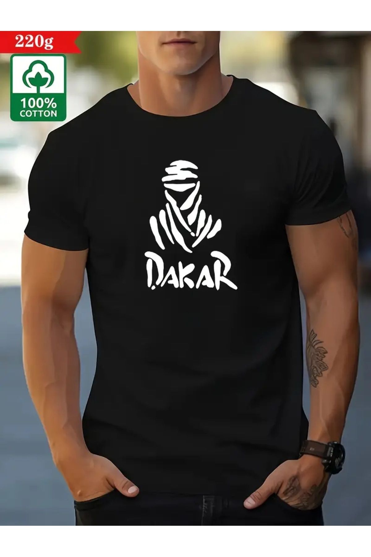 İnazuma Outdoors Unisex Oversize Baskılı Pamuklu Bisiklet Yaka Kısa Kollu SİYAH T-shirt DAKAR