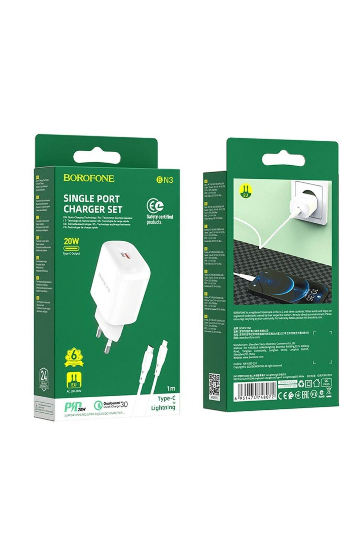 Borofone-Încărcător Bn3 Premium 20w, 1 cablu USB tip C cu încărcare rapidă, 1 cablu Lightning - Alb 8