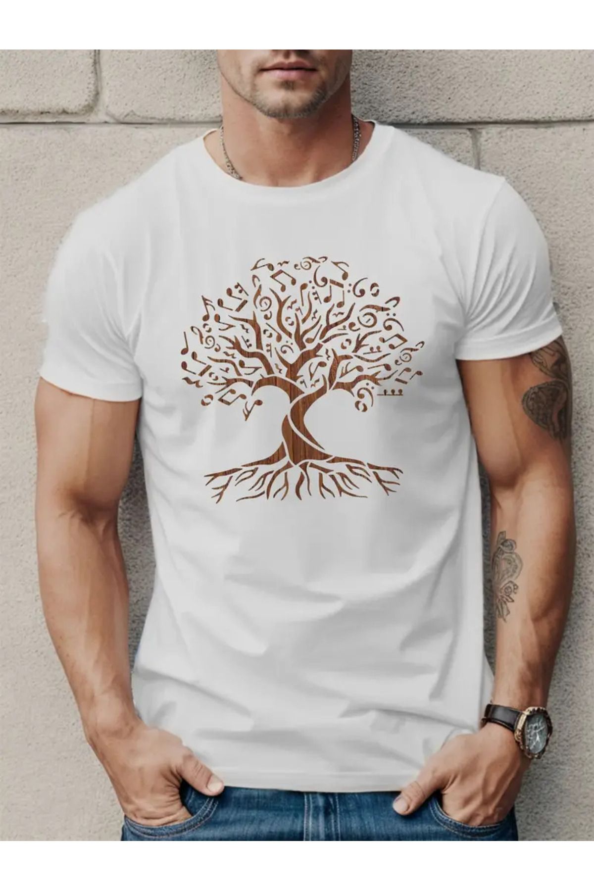 İnazuma Outdoors Unisex Oversize Baskılı Pamuklu Bisiklet Yaka Kısa Kollu BEYAZ T-shirt Büyük Ağaç