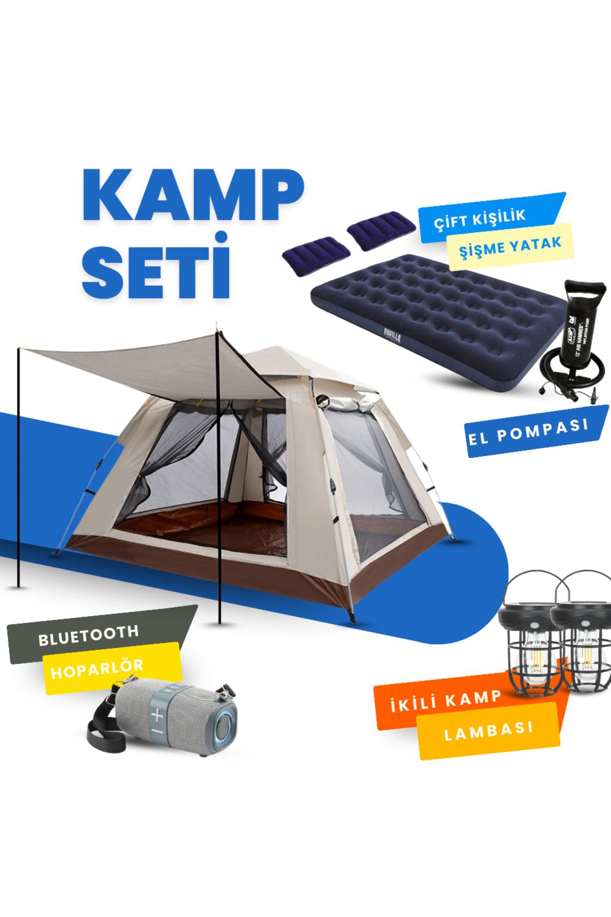 Yussraw 4-6 kişi kamp çadırı seti taşınabilir otomatik 240*240*155+lamba+yatak+yastık+pompa+hoparlör