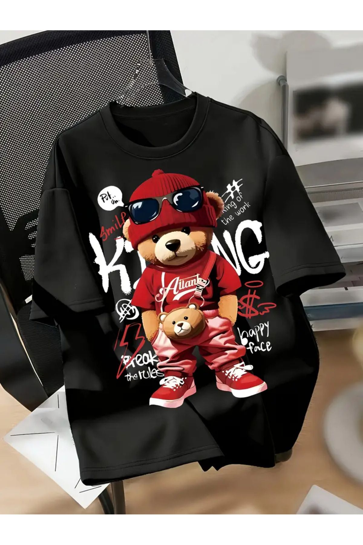 İnazuma Outdoors Unisex Oversize Baskılı Pamuklu Bisiklet Yaka Kısa Kollu SİYAH T-shirt Cool Ayı Kırmızı