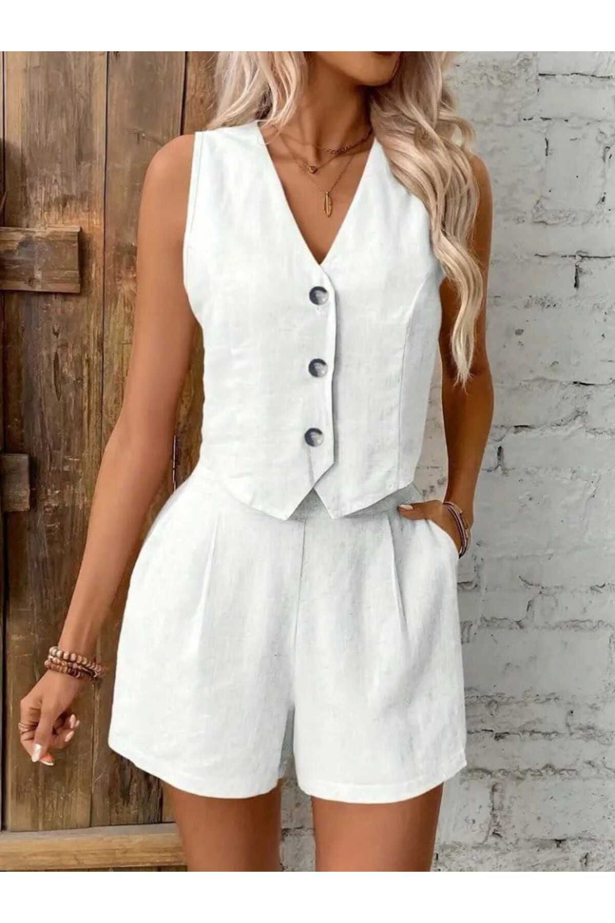 moda wanilia Kadın Düğme Detaylı V Yaka Keten Kumaş Şort Yelek İkili Takım
