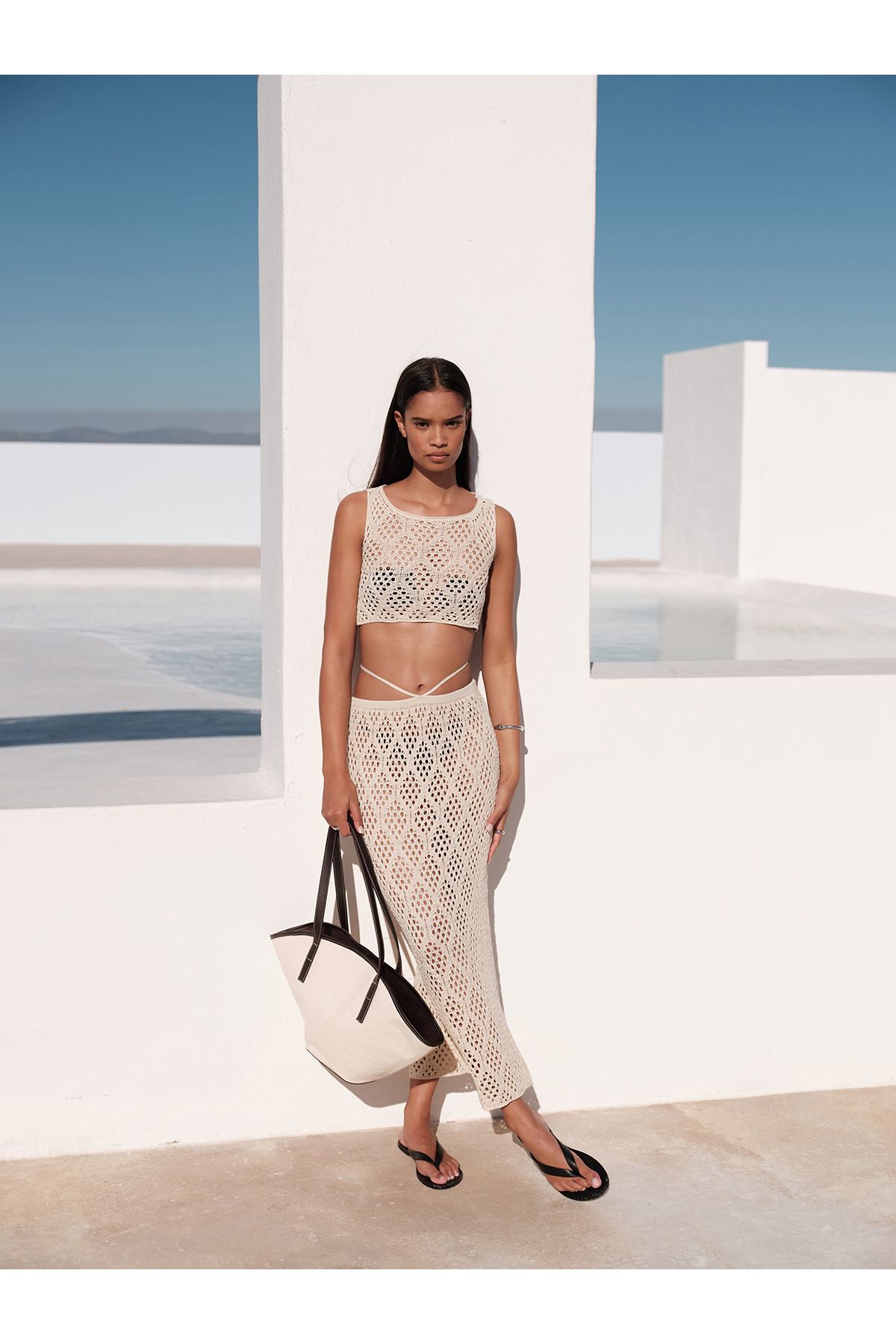 mathilda store Kadın Ekru Linda Bluz Etek Beachwear Takım