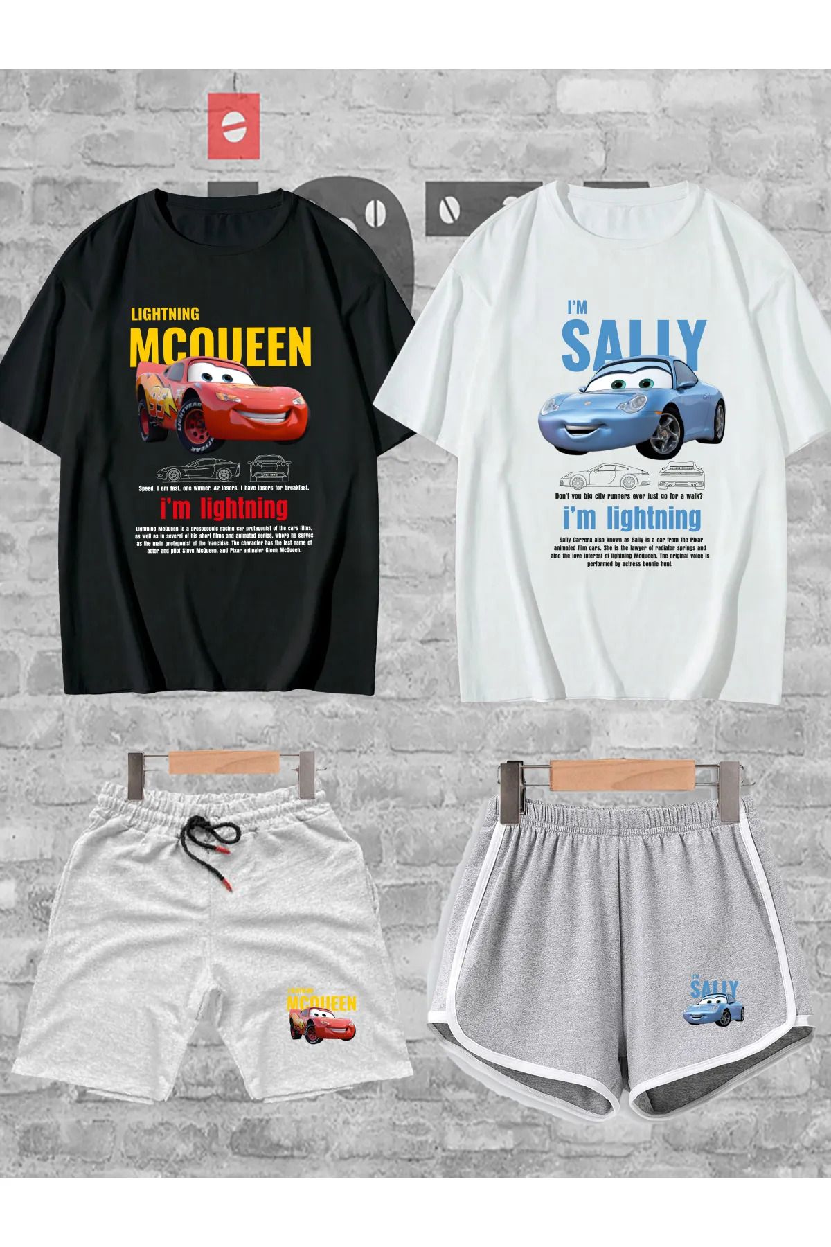 Jobia Outdoors Kadın Erkek Sally McQueen Cars Baskılı Sevgili Çift Kombini Tasarım Oversize Tshirt Şort 4lü Set