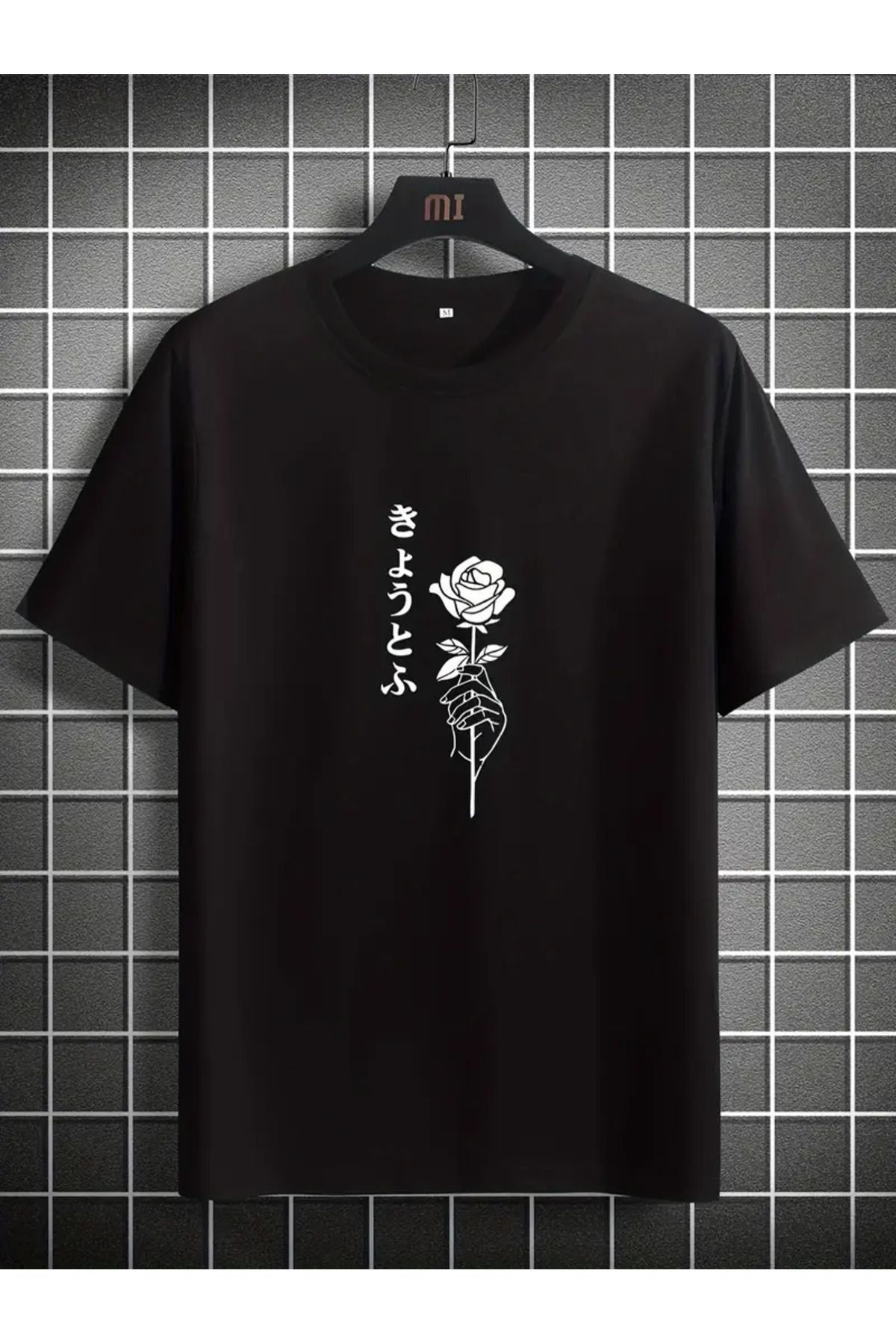 İnazuma Outdoors Unisex Oversize Baskılı Pamuklu Bisiklet Yaka Kısa Kollu SİYAH T-shirt きょうとふ Elde GÜL
