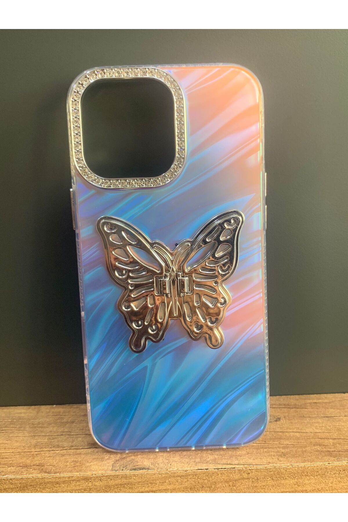 shop İphone 16 Pro Max Hologramlı Taşlı Kelebek Stantlı Telefon Kılıfı