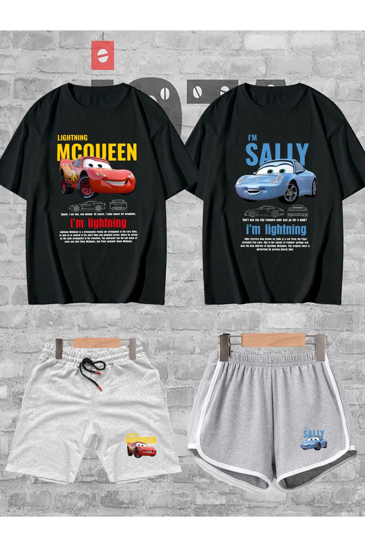 Jobia Outdoors Kadın Erkek Sally McQueen Cars Baskılı Sevgili Çift Kombini Tasarım Oversize Tshirt Şort 4lü Set