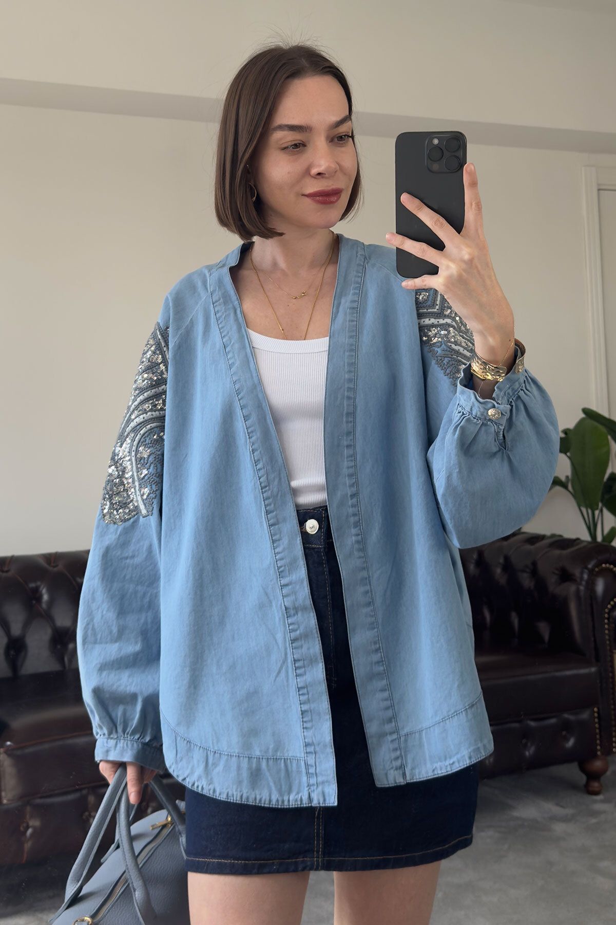 MAGARDE Pullu Premium Jean Kimono- MAVİ