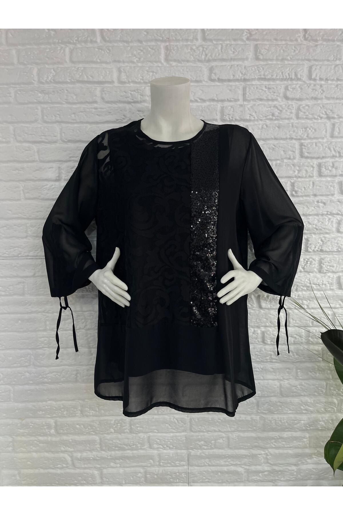 Butik Eylül Büyük Beden Pul Payet/Tül Detaylı, İçlikli Abiye Buluz