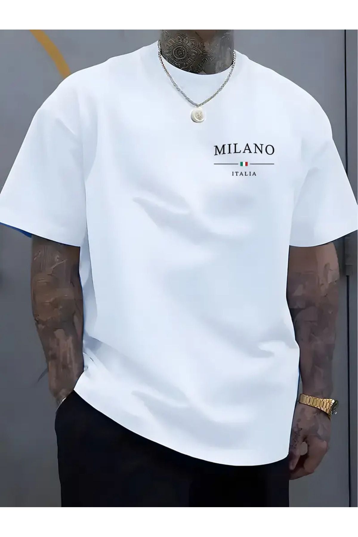 İnazuma Outdoors Unisex Oversize Baskılı Pamuklu Bisiklet Yaka Kısa Kollu BEYAZ T-shirt Milano - İtaly