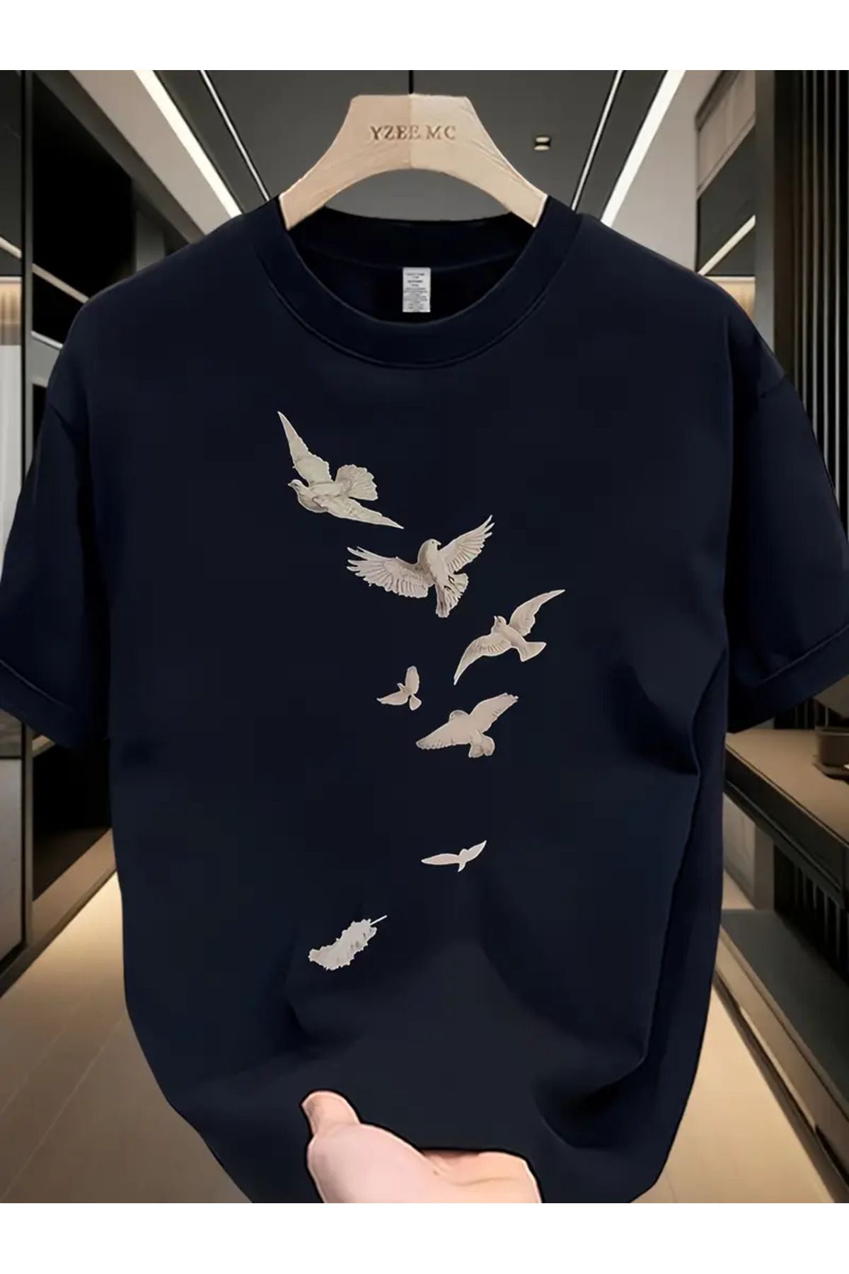 İnazuma Outdoors Unisex Oversize Baskılı Pamuklu Bisiklet Yaka Kısa Kollu SİYAH T-shirt Kuşlar Ailesi