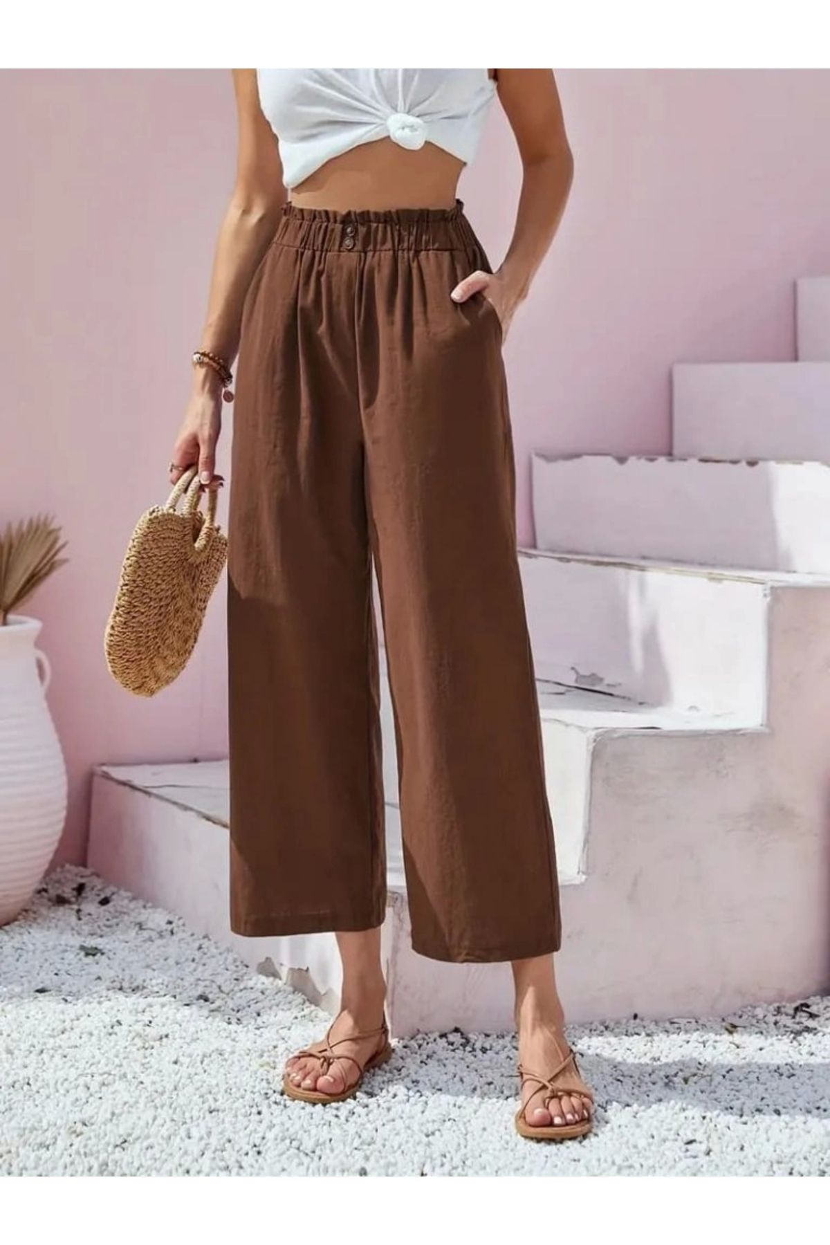 Butik Kadın Bel Büzgü Ve Düğme Detay Kapri Keten Pantolon