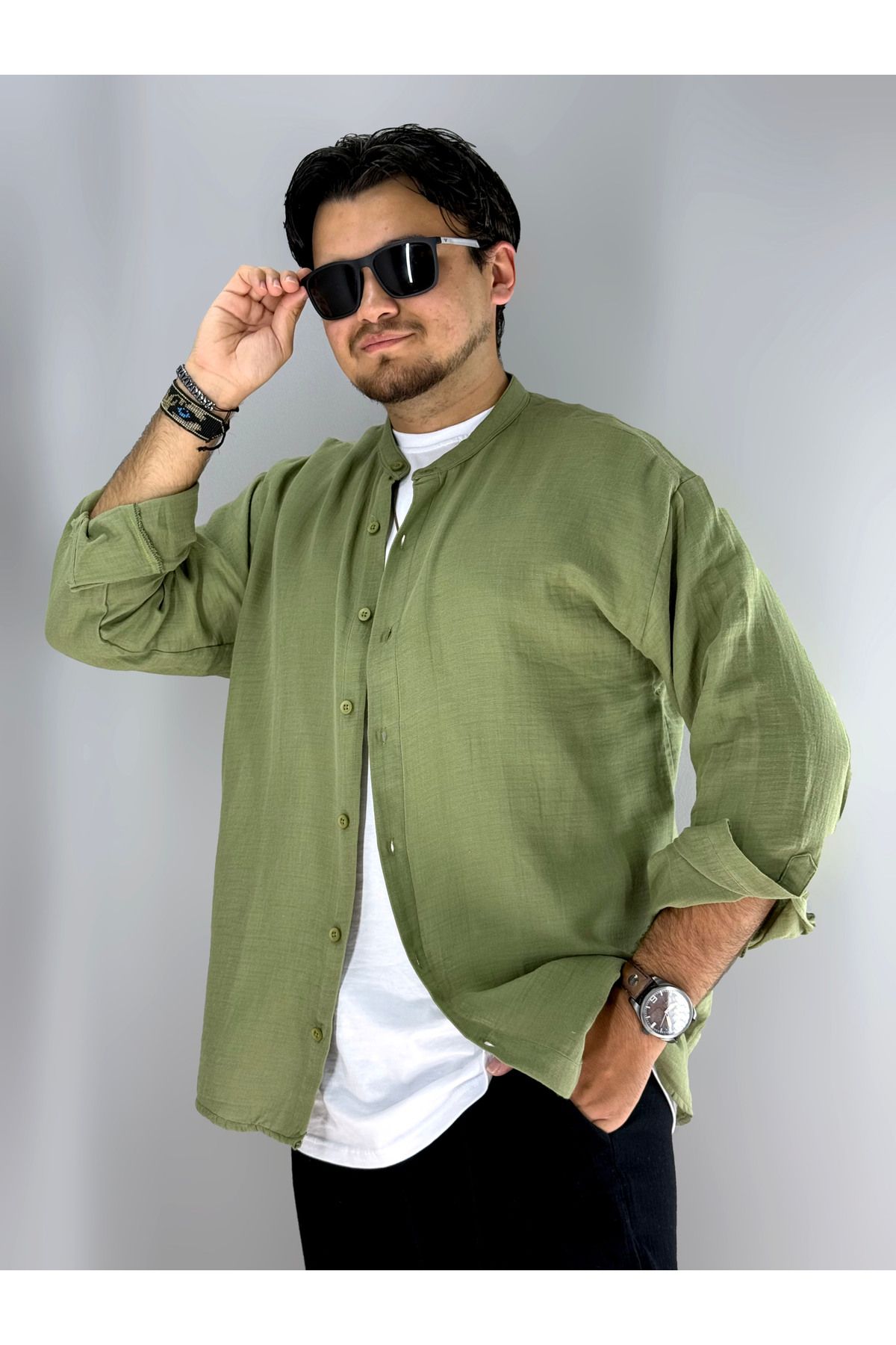 MARESHAL Müslim Kumaş rahat oversize Hakim Yaka Gömlek(Haki)