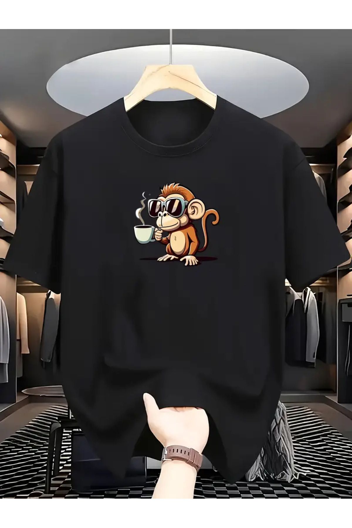 İnazuma Outdoors Unisex Oversize Baskılı Pamuklu Bisiklet Yaka Kısa Kollu SİYAH T-shirt Kahve İçen Maymun
