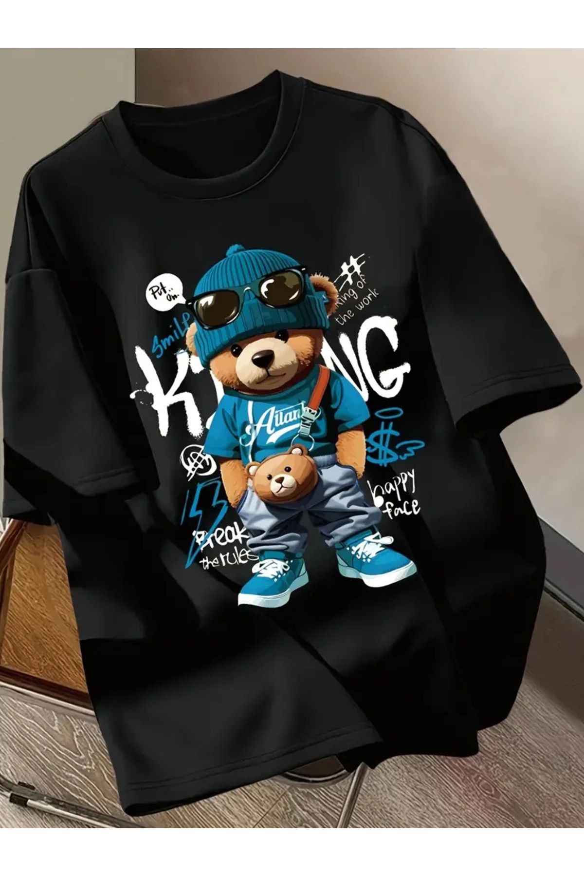 İnazuma Outdoors Unisex Oversize Baskılı Pamuklu Bisiklet Yaka Kısa Kollu SİYAH T-shirt Cool Ayı M