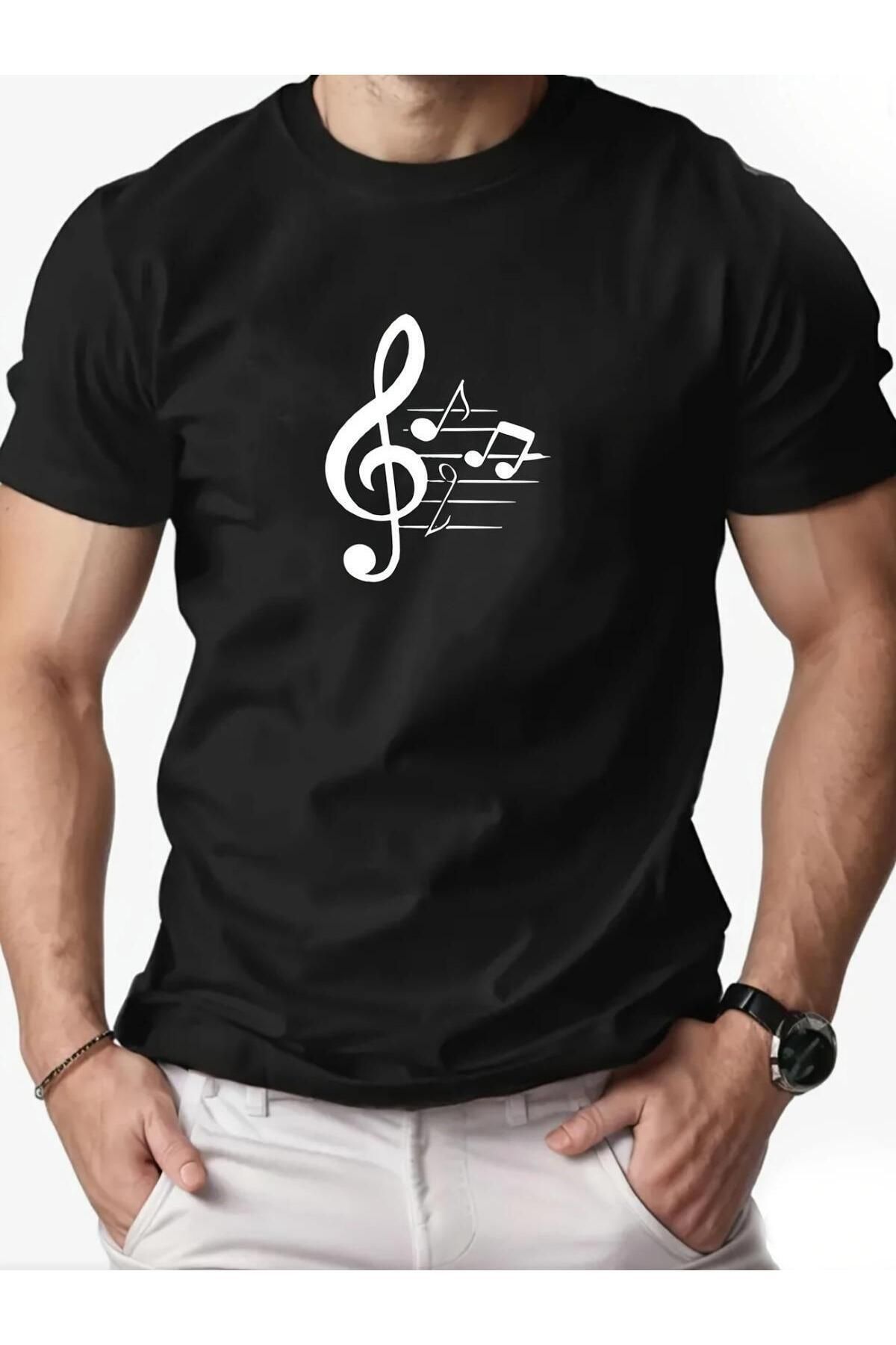 İnazuma Outdoors Unisex Oversize Baskılı Pamuklu Bisiklet Yaka Kısa Kollu SİYAH T-shirt Müzik Notası