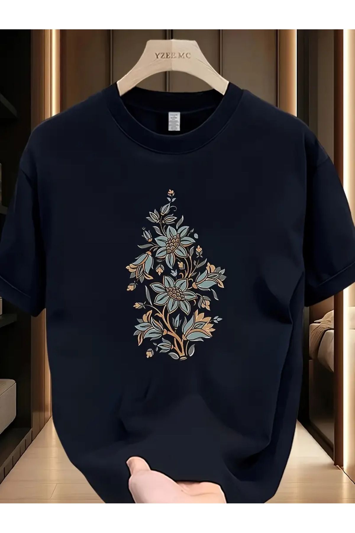 İnazuma Outdoors Unisex Oversize Baskılı Pamuklu Bisiklet Yaka Kısa Kollu SİYAH T-shirt Çiçek Motif
