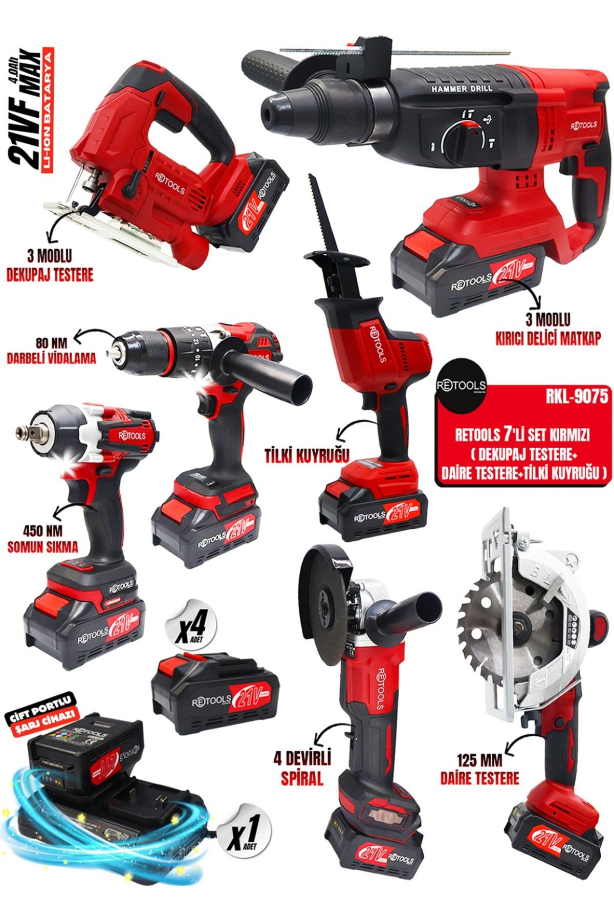 RETOOLS 7'Lİ SET KIRMIZI ( DEKUPAJ+DAİRE TESTERE+TİLKİ KUYRUĞU)