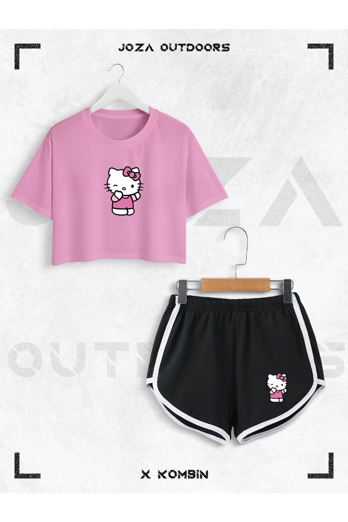 Jobia Outdoors Kadın Hello Kitty Baskılı Tasarım Yazlık Oversize Crop ve Biyeli Şort 2li Takım
