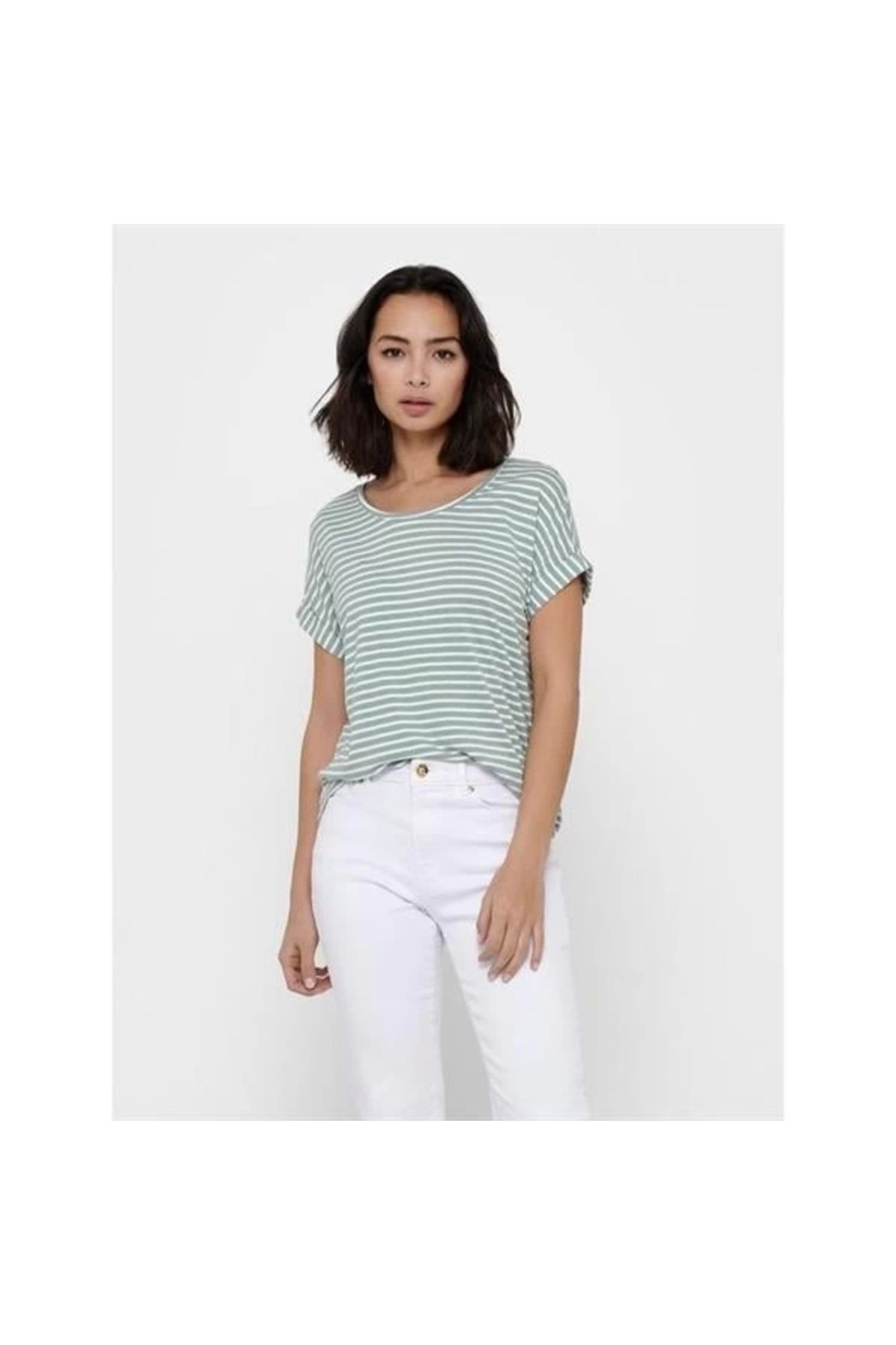Lale Moda Regular Fit Çizgili Duble Kol Kadın T-Shirt