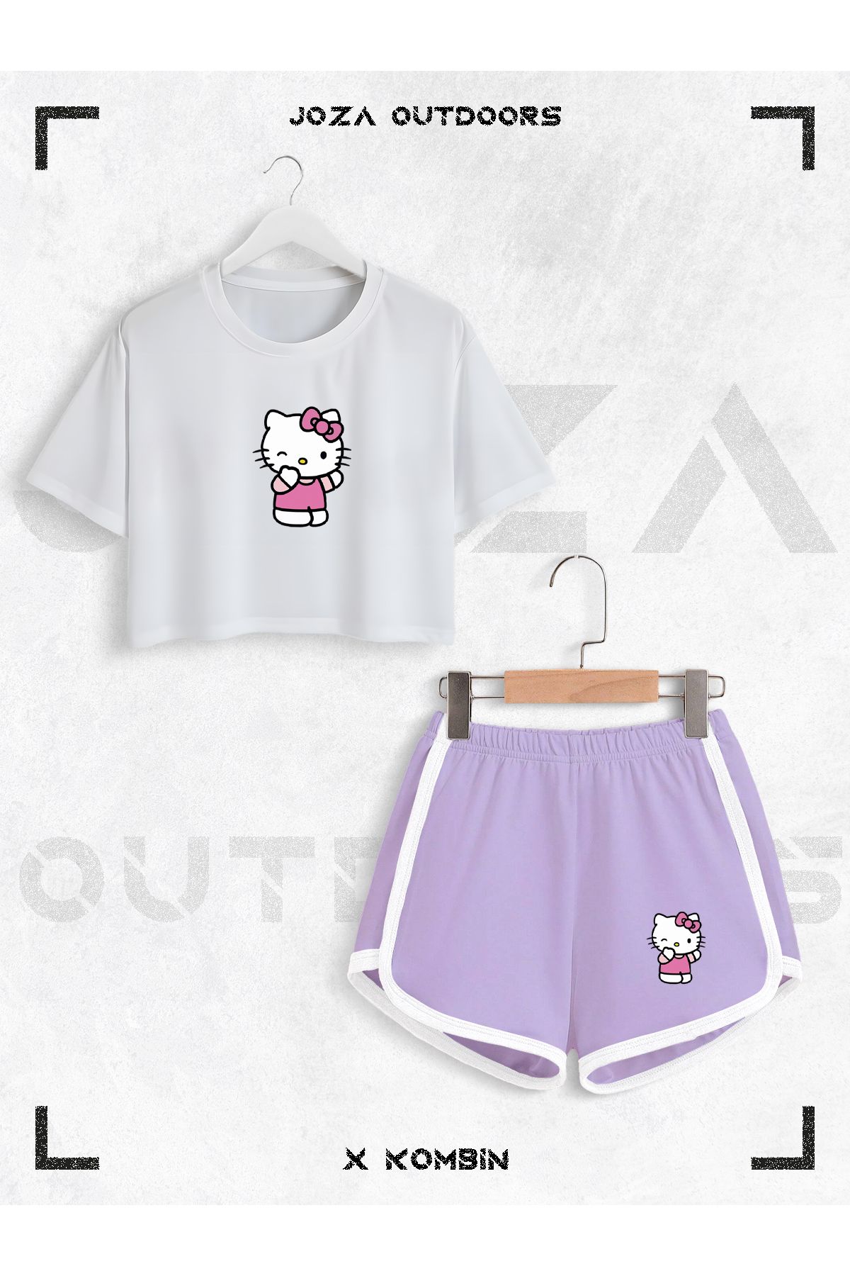 Jobia Outdoors Kadın Hello Kitty Baskılı Tasarım Yazlık Oversize Crop ve Biyeli Şort 2li Takım