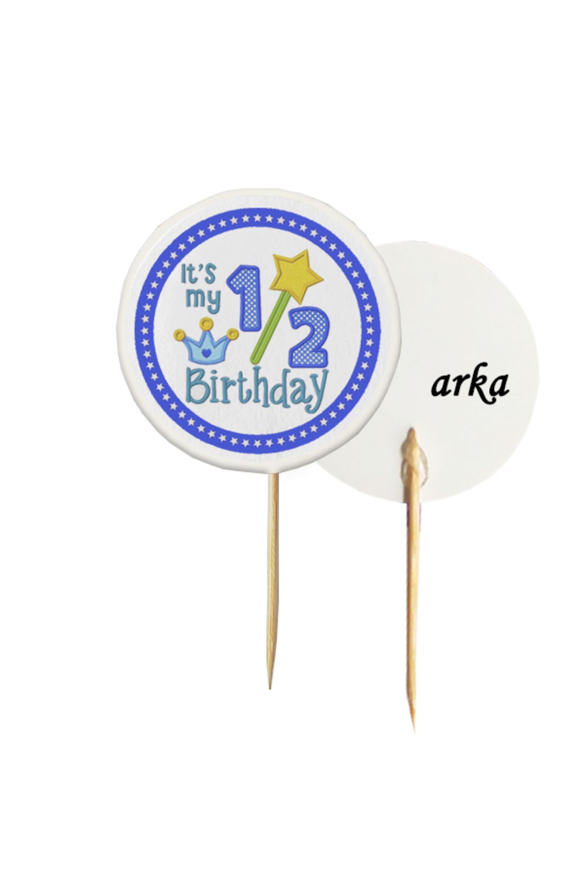 BEYHAN BAYHAN 10 Adet Mavi Half Birthday Baskılı Pasta Kürdanı 6,5 cm - Yarım Yaş Doğum Günü