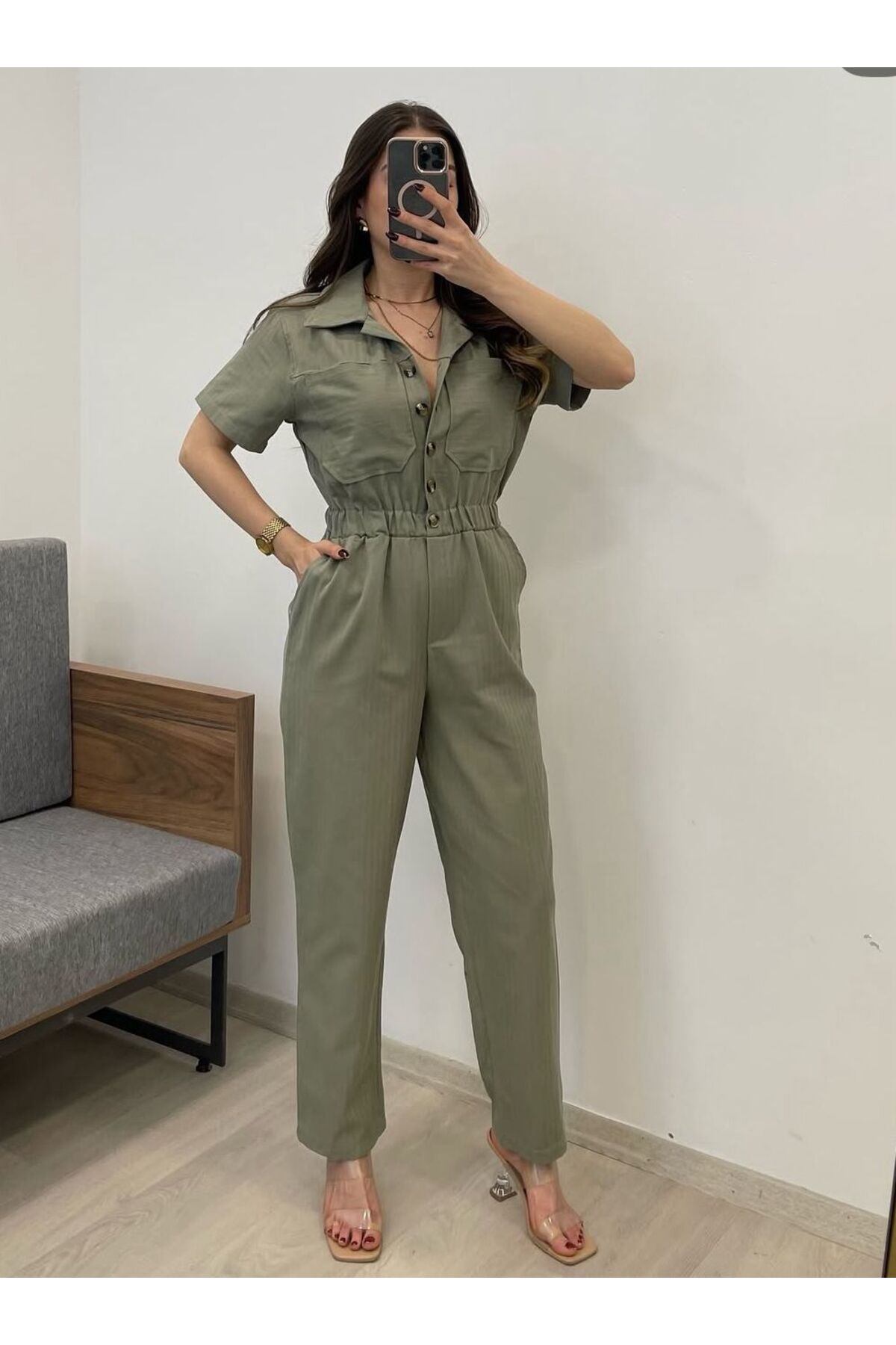 tülaybutik kadın keten düğmeli beli lastikli tulum